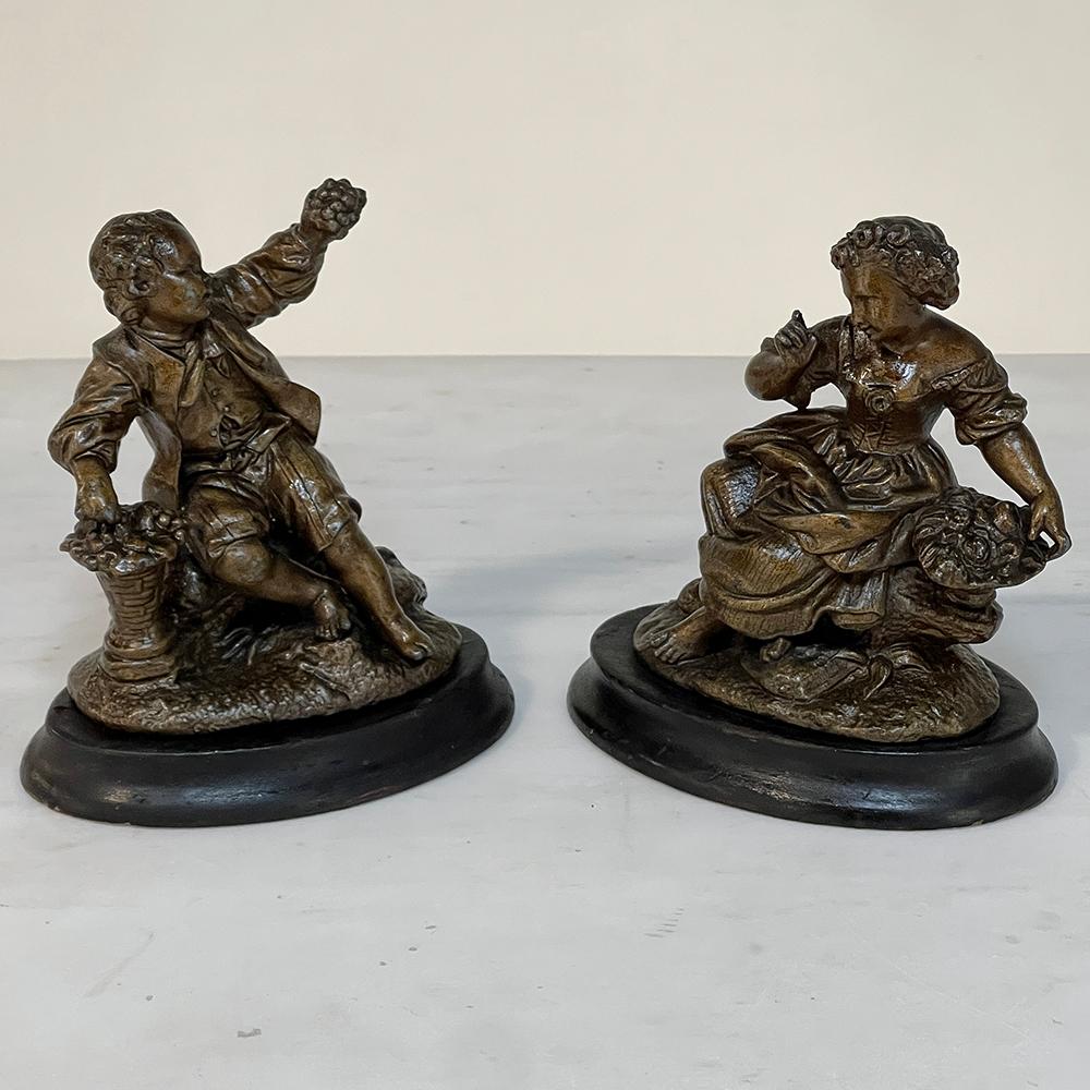 French Pair of 19th Century Petite Spelter Statues, Bookends For Sale