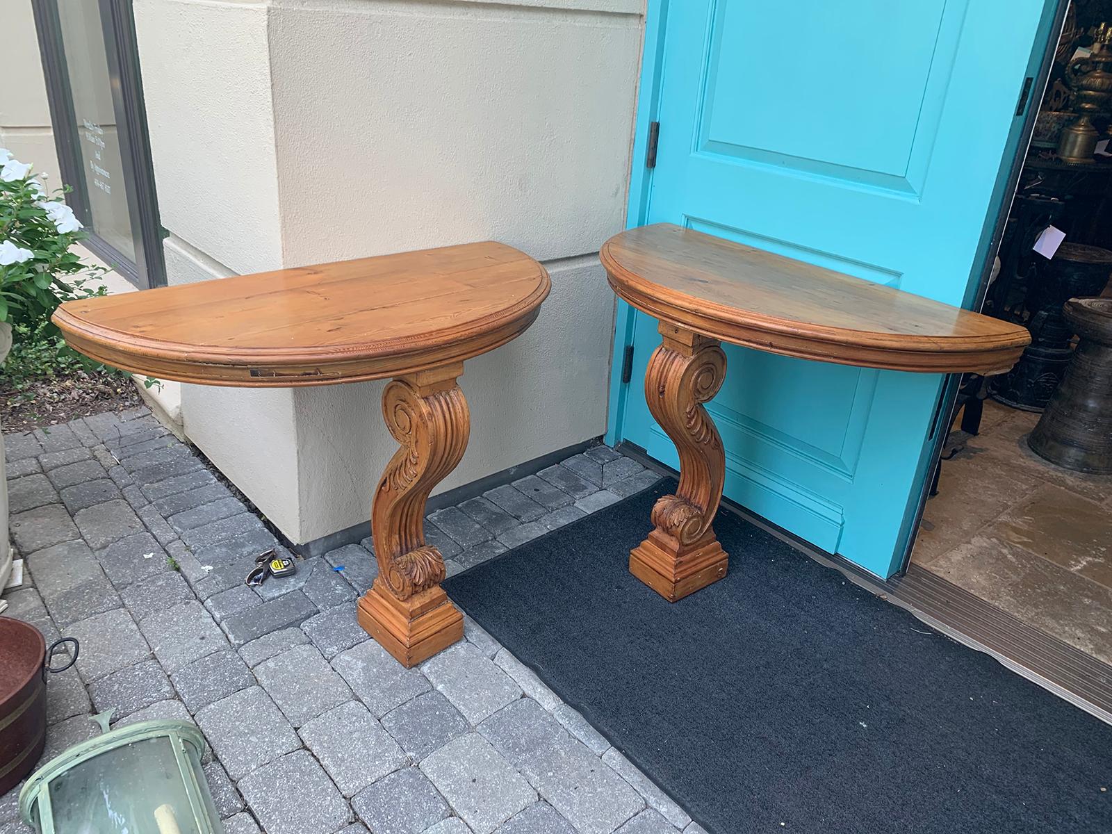 Pair of 19th Century Pine Demilune Wall Mount Consoles In Good Condition For Sale In Atlanta, GA