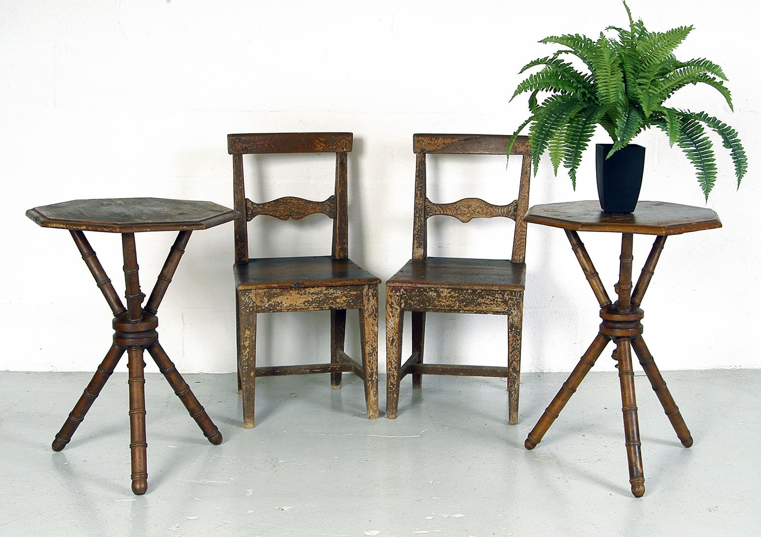 Primitive Pair of 19th Century Pitch Pine Swedish Vernacular Chairs in Original Paint