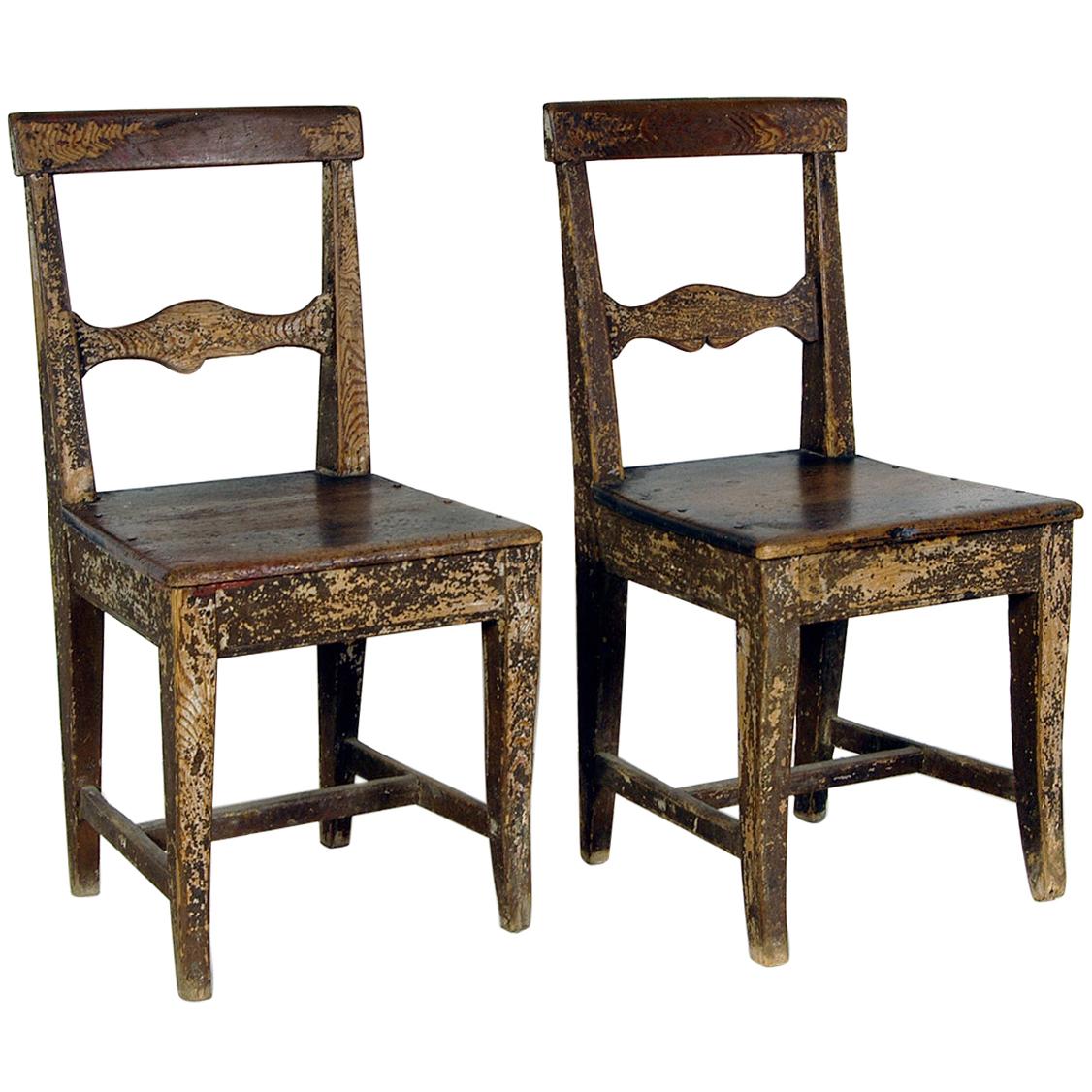 Pair of 19th Century Pitch Pine Swedish Vernacular Chairs in Original Paint