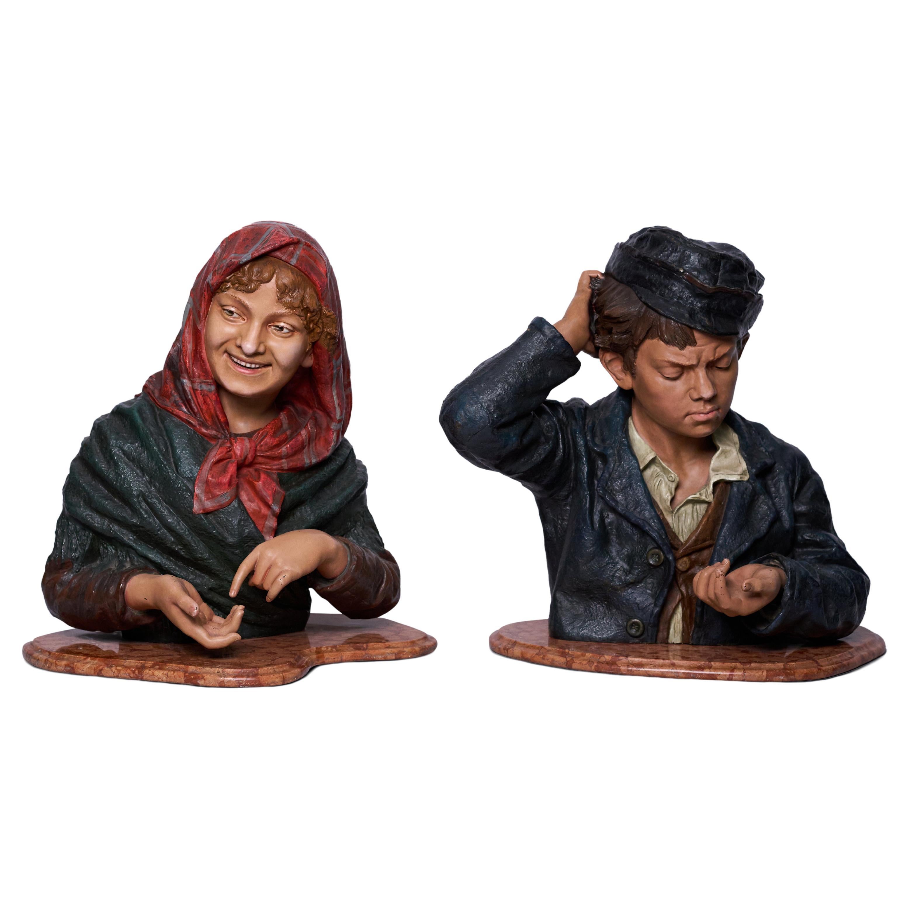 Pair of 19th Century Polichrome Busts by Louis Hottot For Sale