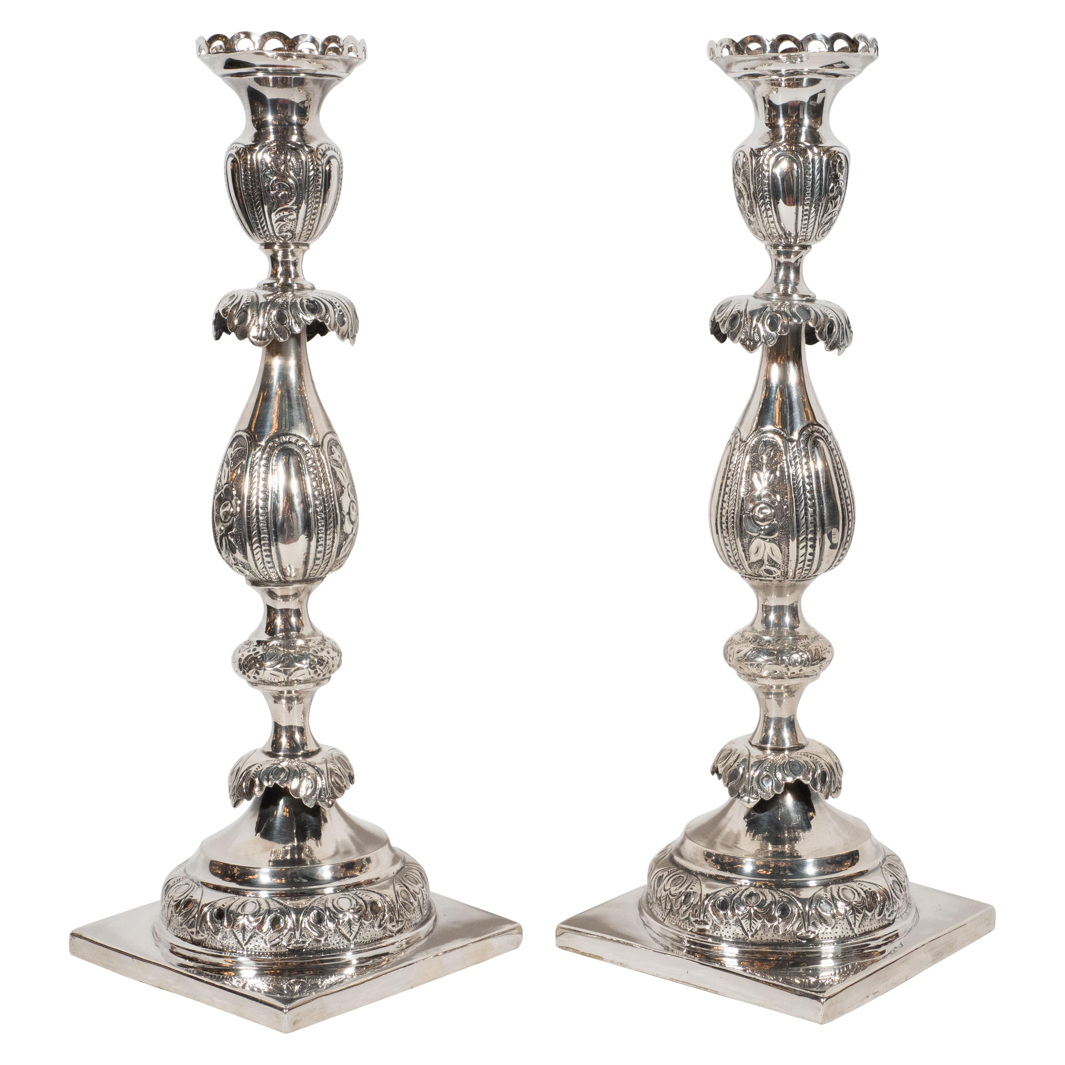 Pair of 19th Century Polish Sterling Silver Repoussé Sabbath Candlesticks