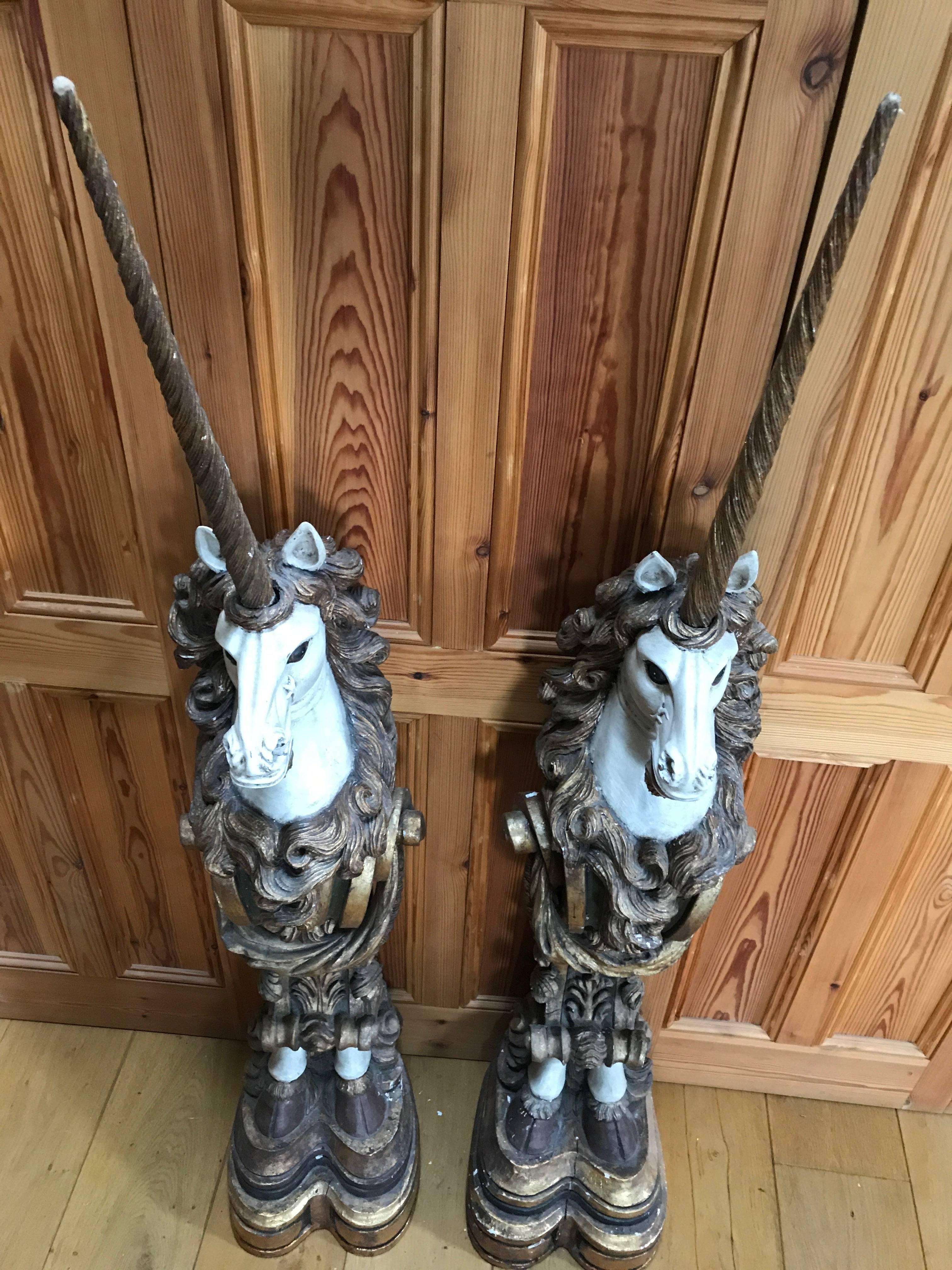 Pair of 19th Century Polychrome Giltwood Carved Unicorn Stands For Sale 3