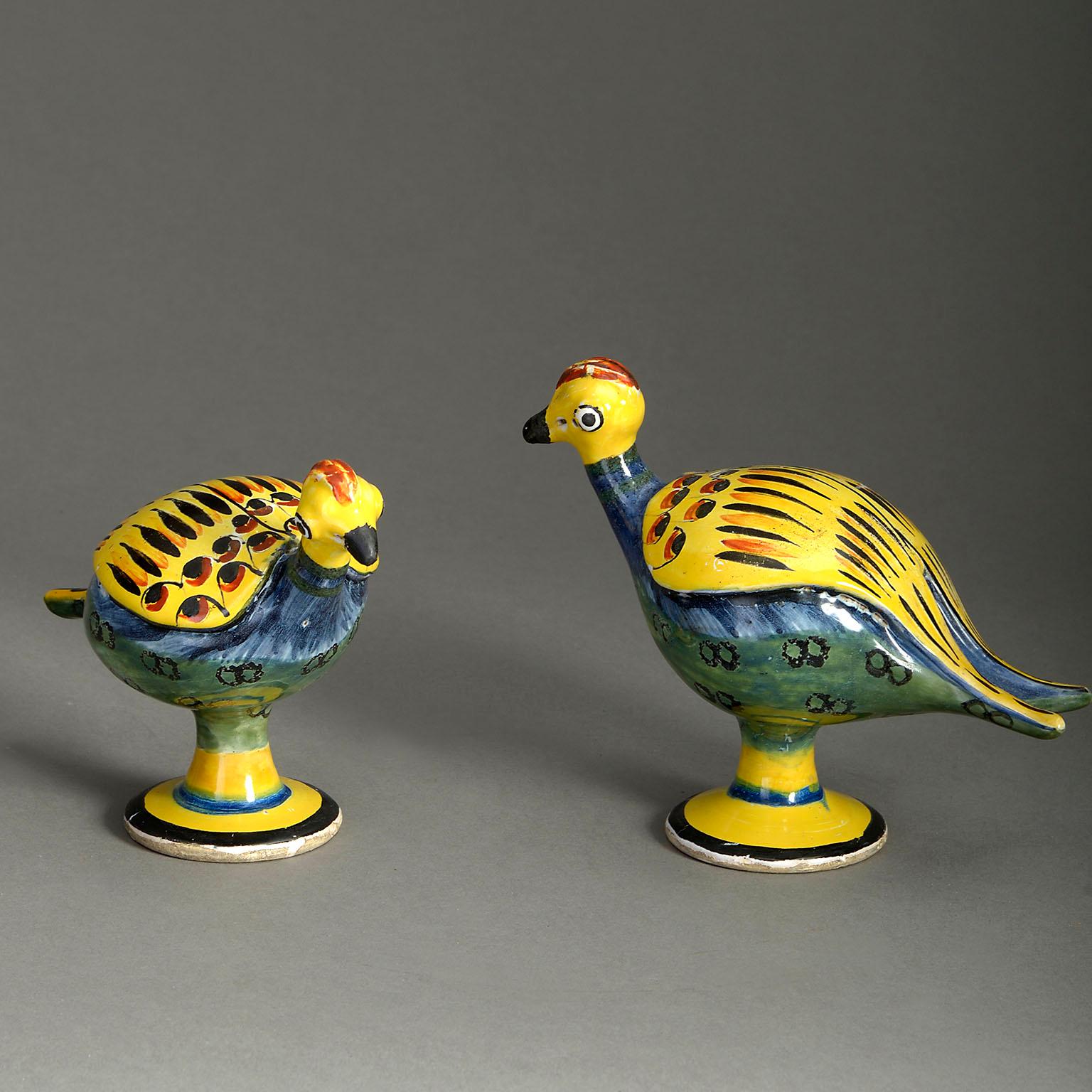 Primitive Pair of 19th Century Polychrome Pottery Birds