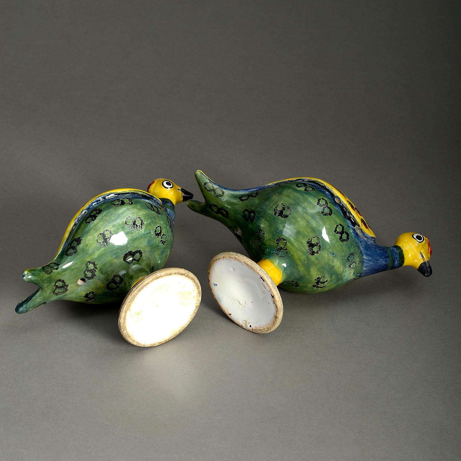 Portuguese Pair of 19th Century Polychrome Pottery Birds
