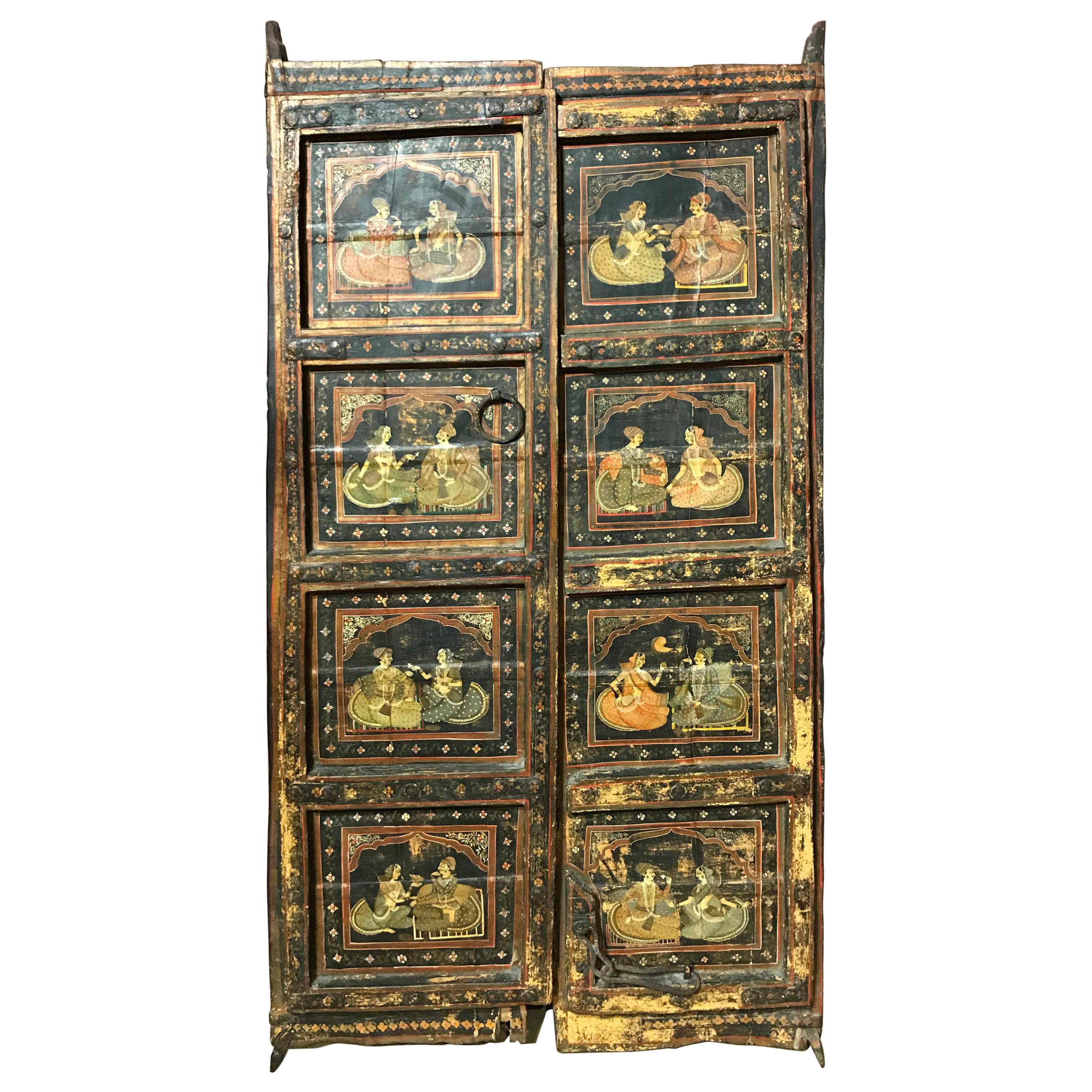 Pair of 19th Century Polychrome Wooden Indian Doors with Genre Scenes