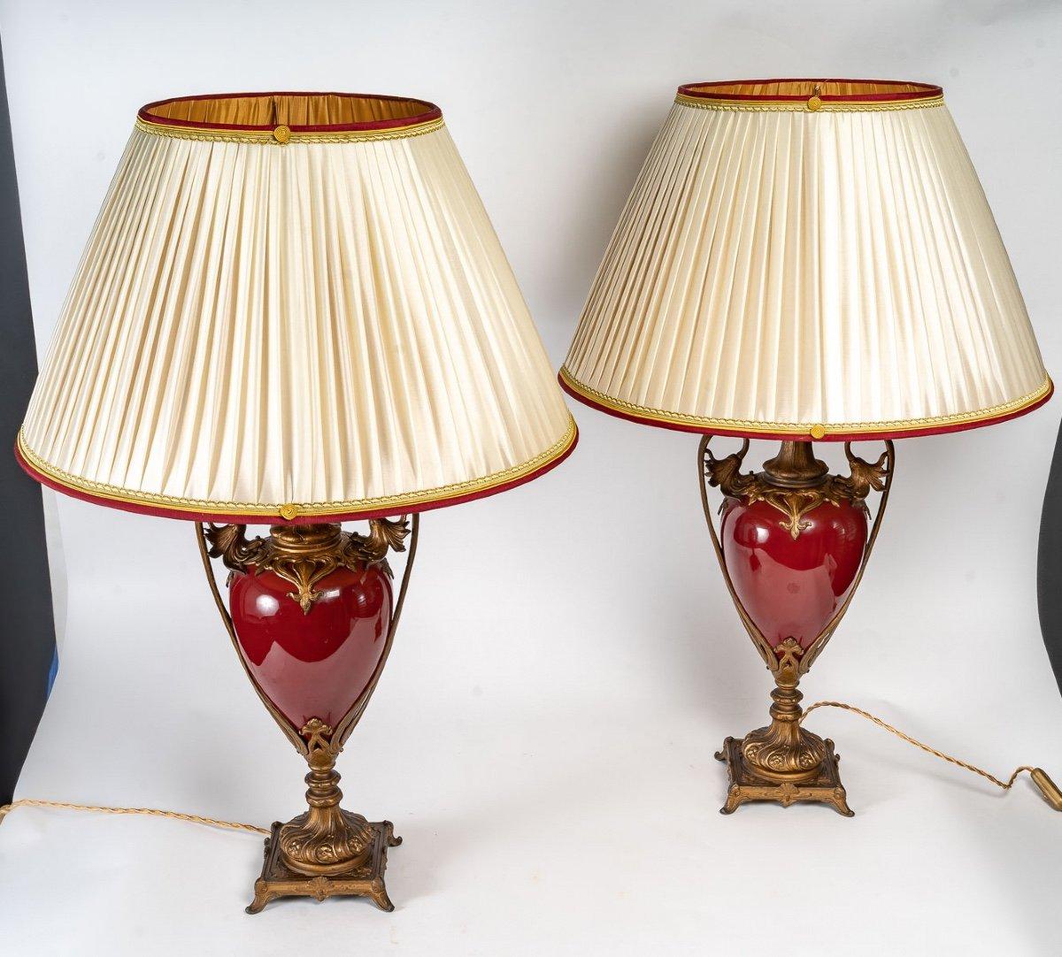 Pair of 19th century Porcelain and Gilt Bronze Lamps

Nice pair of lamps of Napoleon III period in porcelain and gilt bronze of the XIXth century.

Dimensions:

Lamp base: h: 61cm, w: 23cm, d: 19cm

 With lampshade: h: 85cm, d: 55cm.