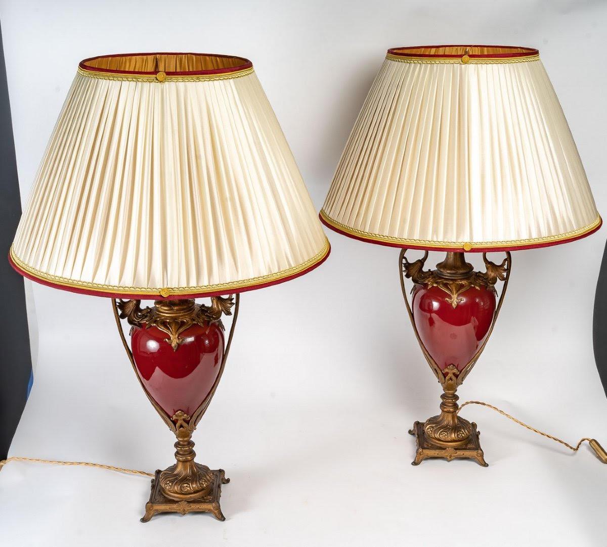 Napoleon III Pair of 19th Century Porcelain and Gilt Bronze Lamps