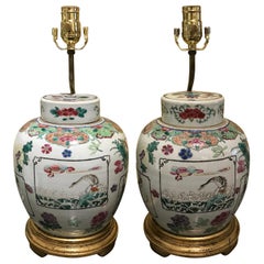 Pair of 19th Century Porcelain Ginger Jars as Lamps with Finials, Custom Bases Antique Pair of 19th Century Porcelain Ginger Jars as Lamps with Finials, Custom Bases