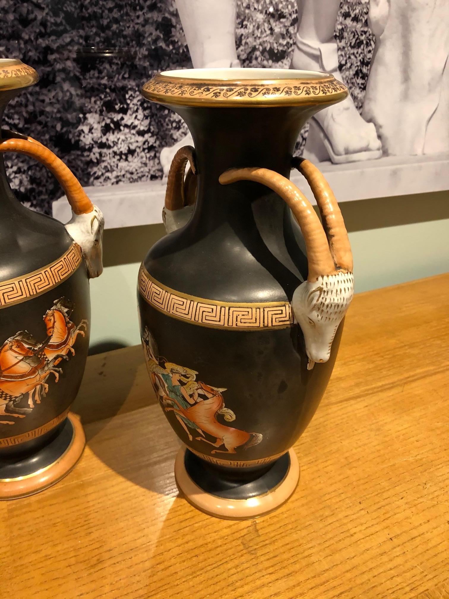 Pair of Grecian Orange and Black Porcelain Vases For Sale 4