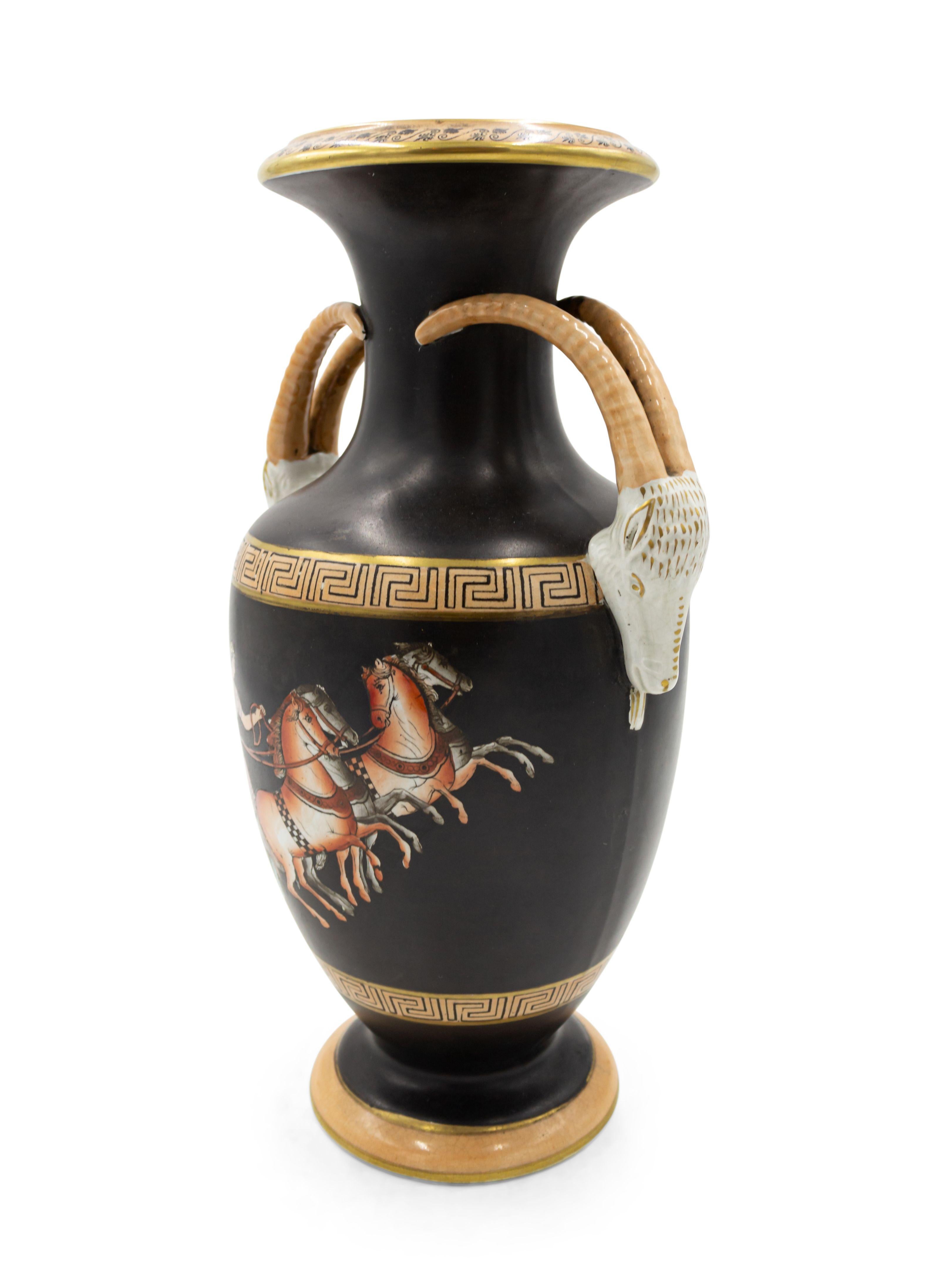 Pair of Grecian style (19th Cent) orange and black porcelain vases with ram head handles (PRICED AS Pair)
