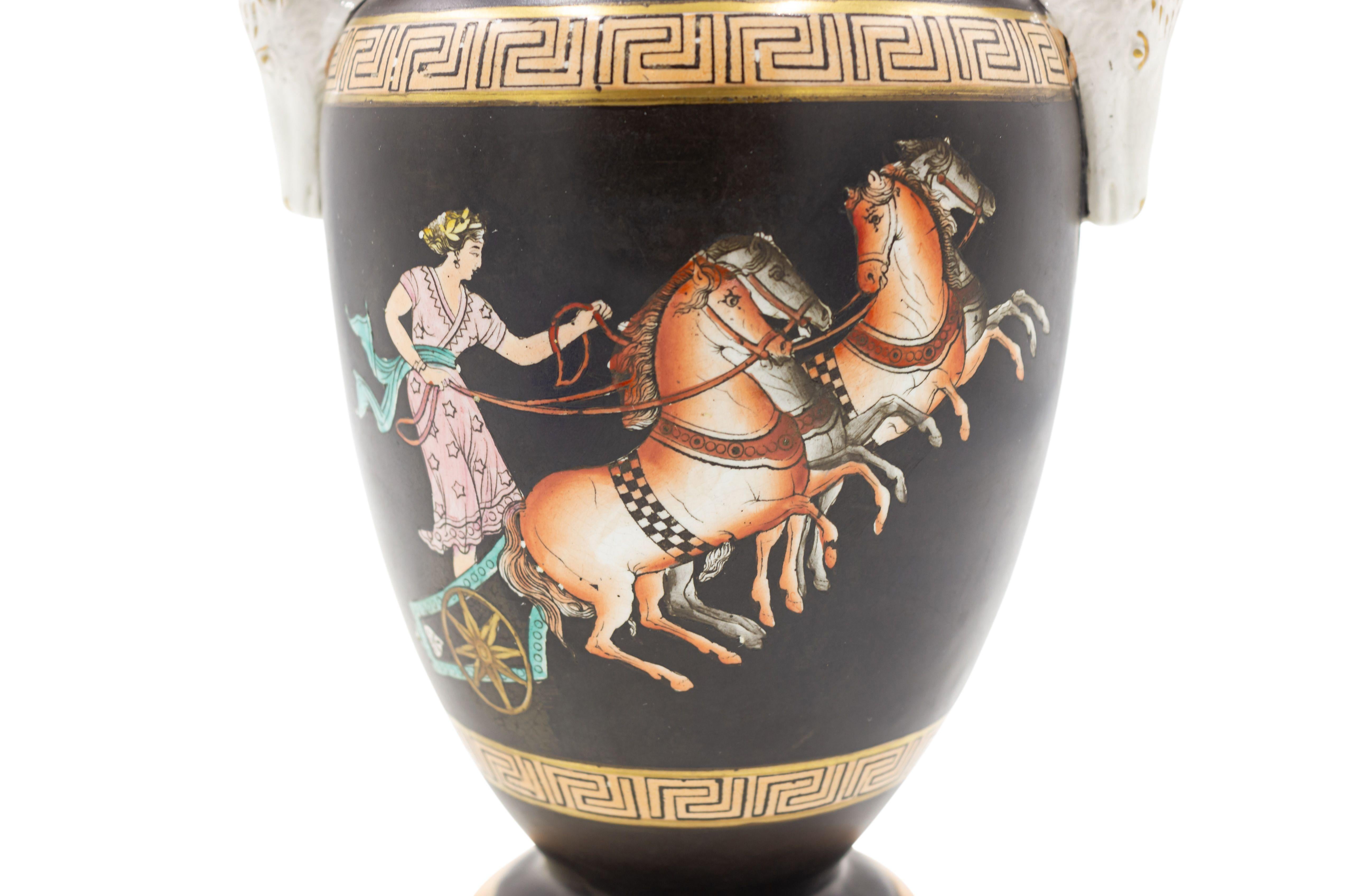 European Pair of Grecian Orange and Black Porcelain Vases For Sale