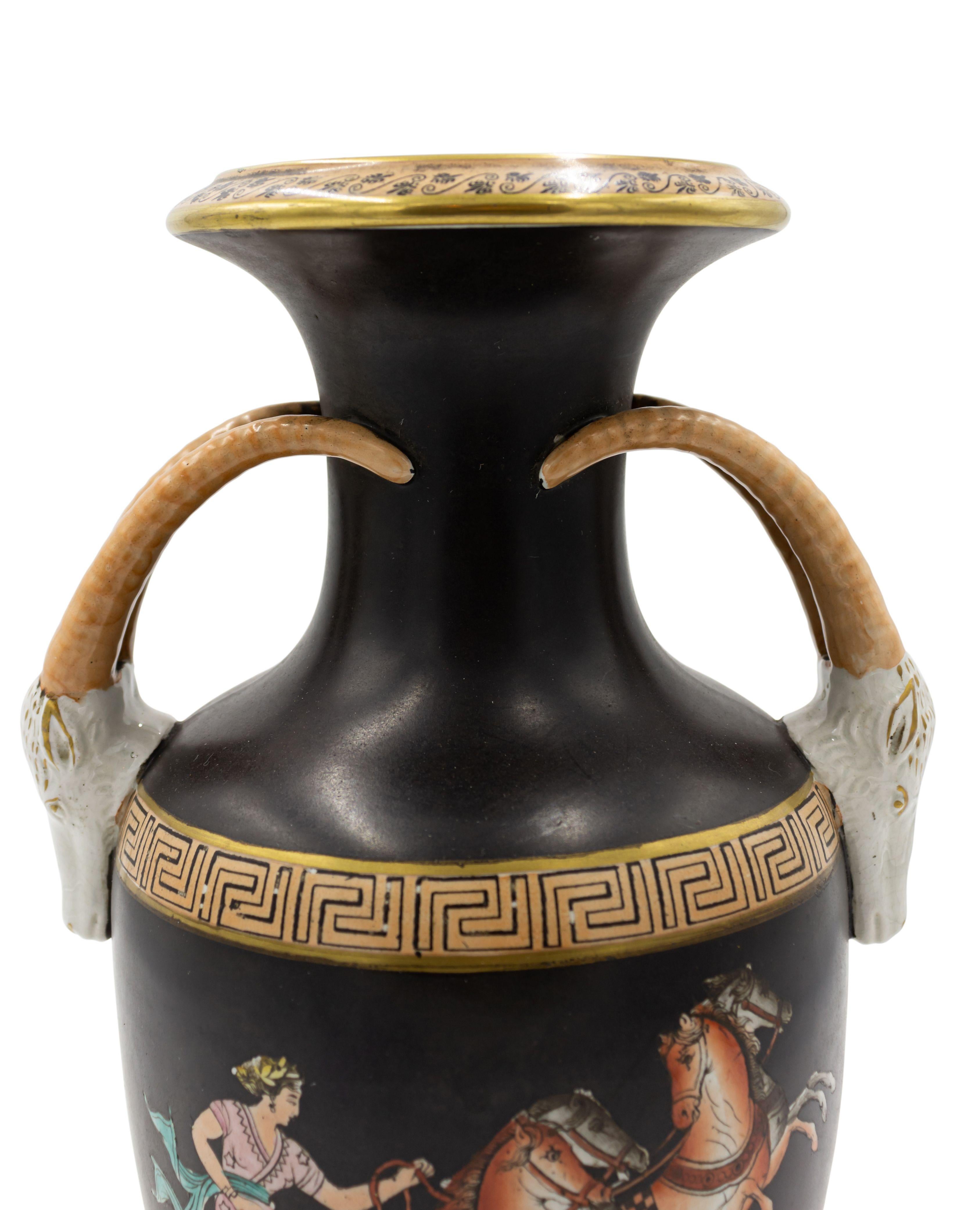 Pair of Grecian Orange and Black Porcelain Vases In Good Condition For Sale In Queens, NY