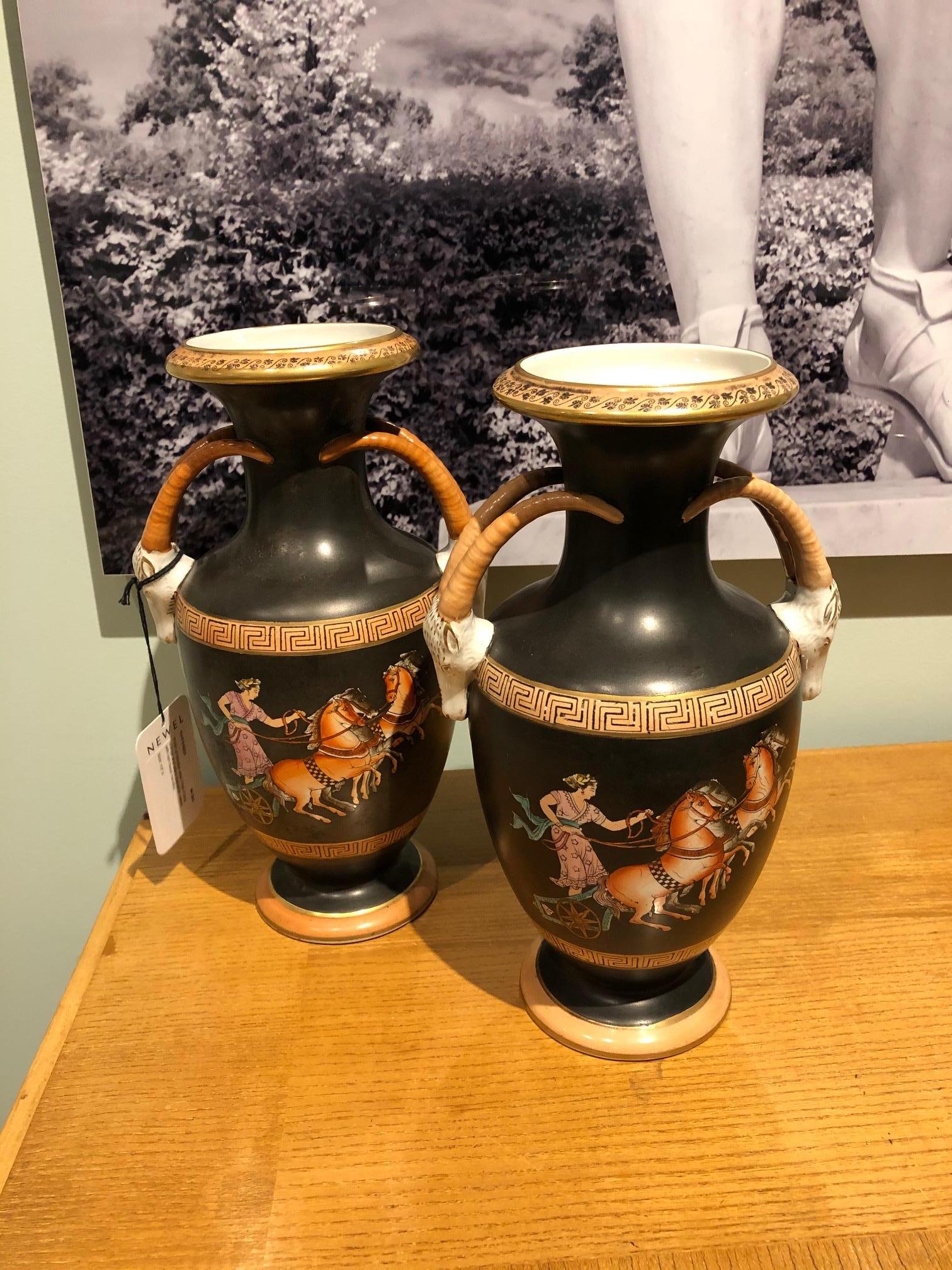 Pair of Grecian Orange and Black Porcelain Vases For Sale 1