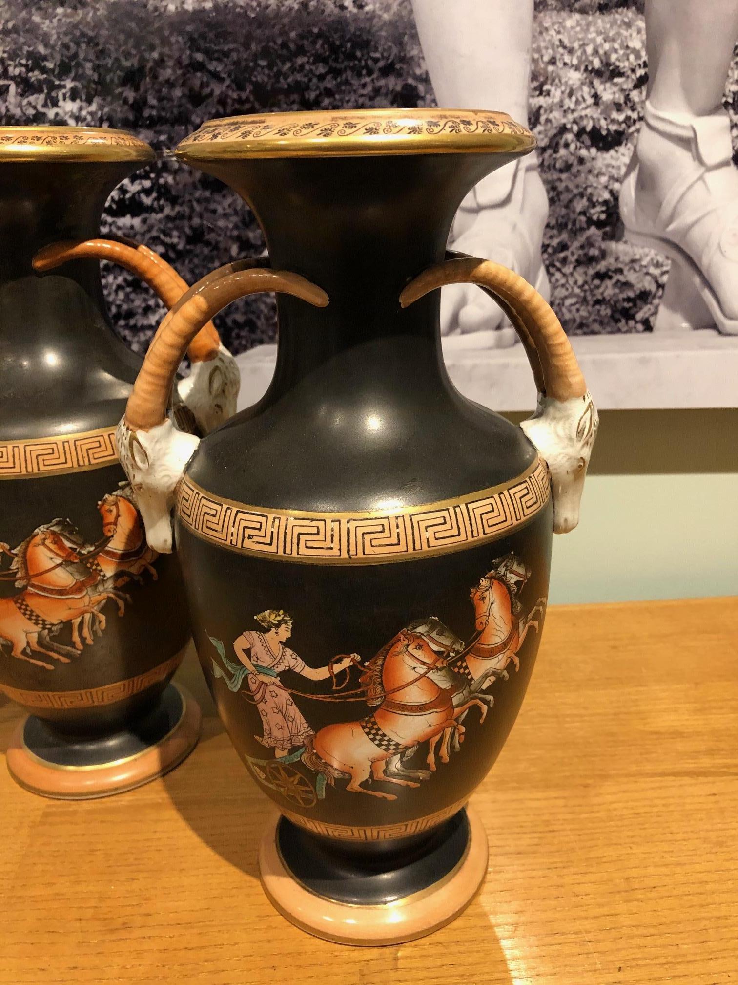 Pair of Grecian Orange and Black Porcelain Vases For Sale 2