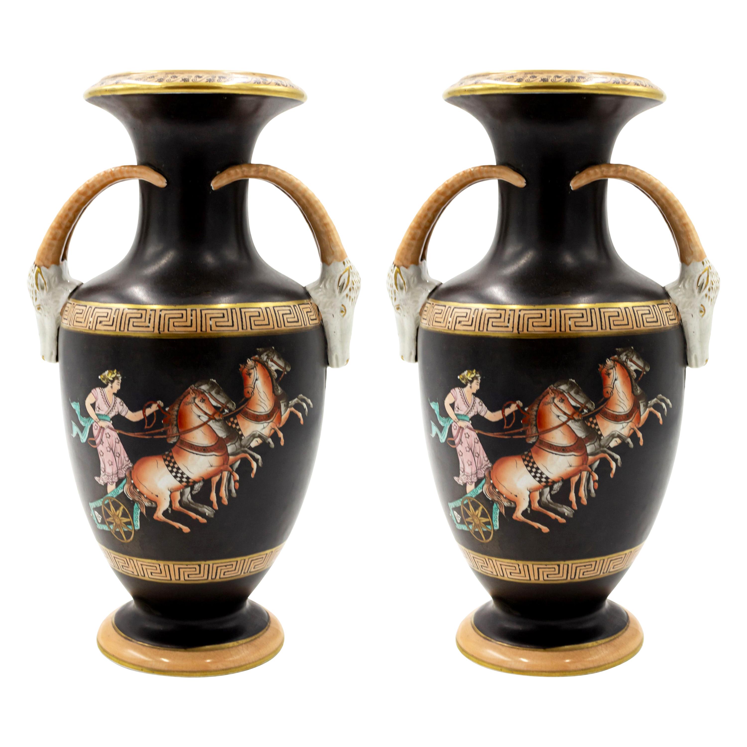 Pair of Grecian Orange and Black Porcelain Vases For Sale