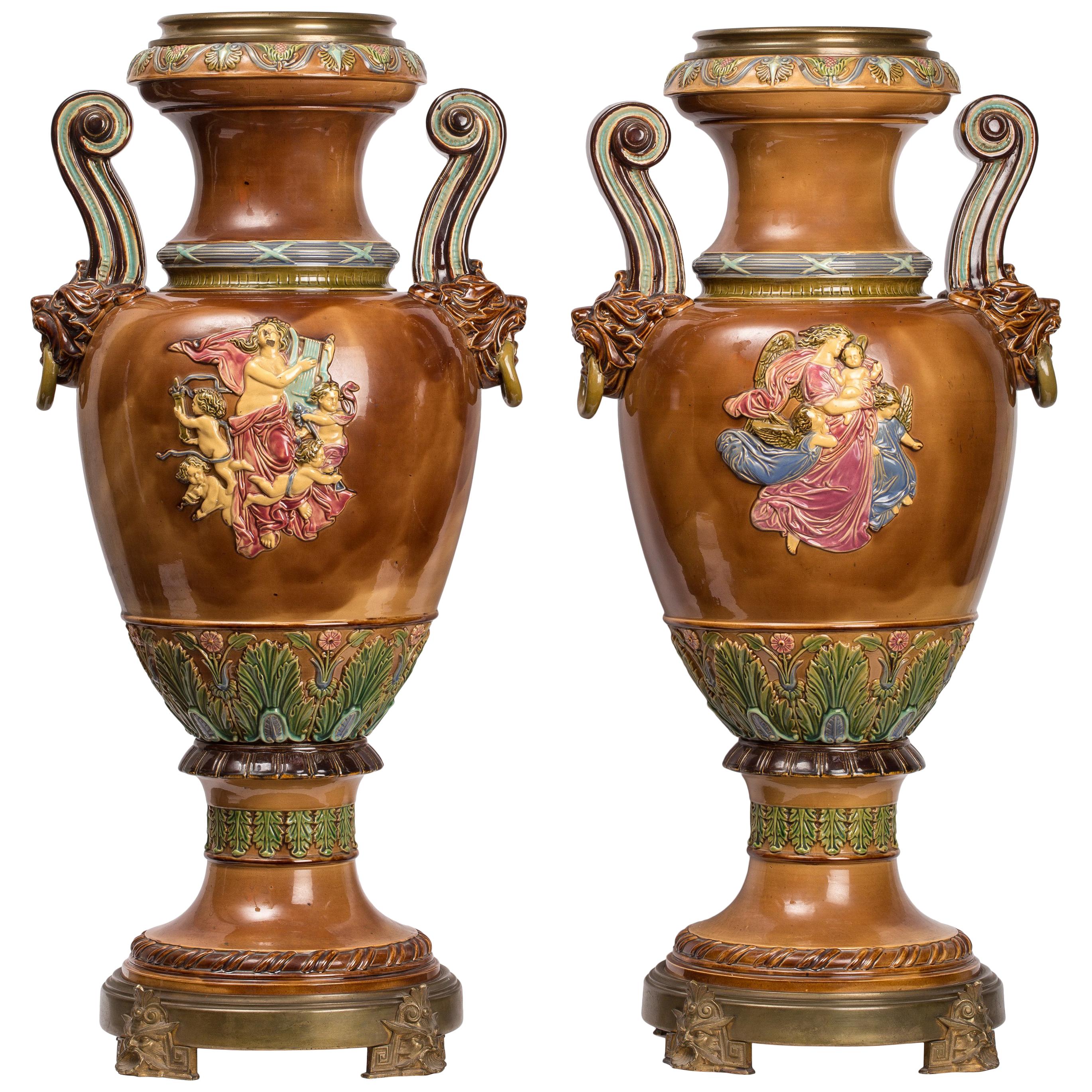 Pair of 19th Century Aesthetic Movement Majolica Urns, German, Attrib. Hanke For Sale