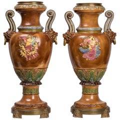 Pair of 19th Century Aesthetic Movement Majolica Urns, German, Attrib. Hanke