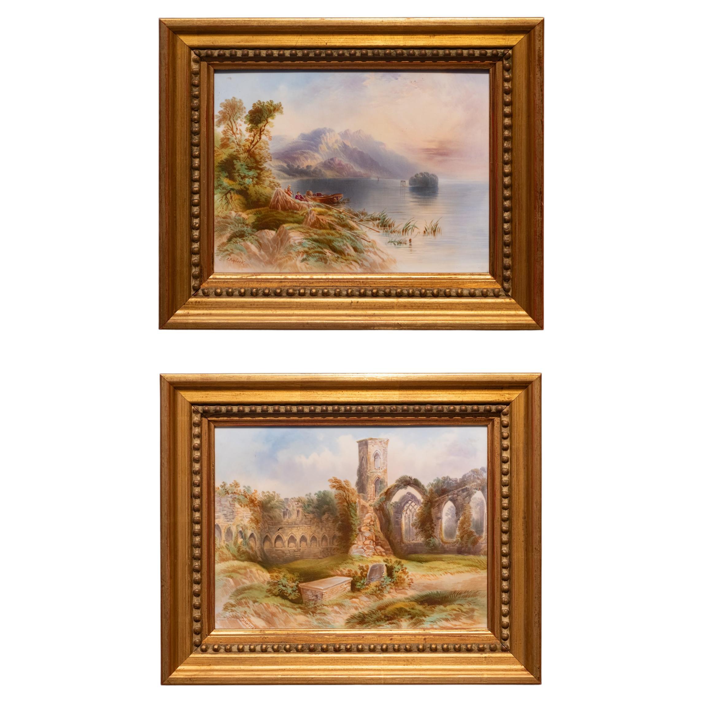 Paar bemalte Porzellanplaketten von Killarney Lakes und Sligo Abbey aus dem 19. Jahrhundert im Angebot 3