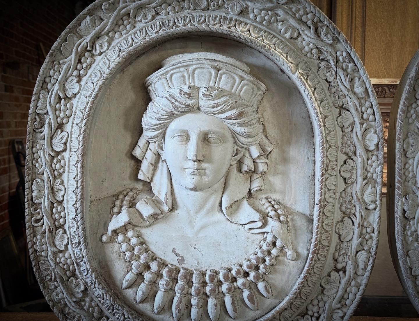 A pair of 19th century Roman style carved wood portrait plaques. Depicting Cleopatra and Antony. Within a foliate border of grape vines. Probably French in origin.

Please contact us for a worldwide shipping quote 