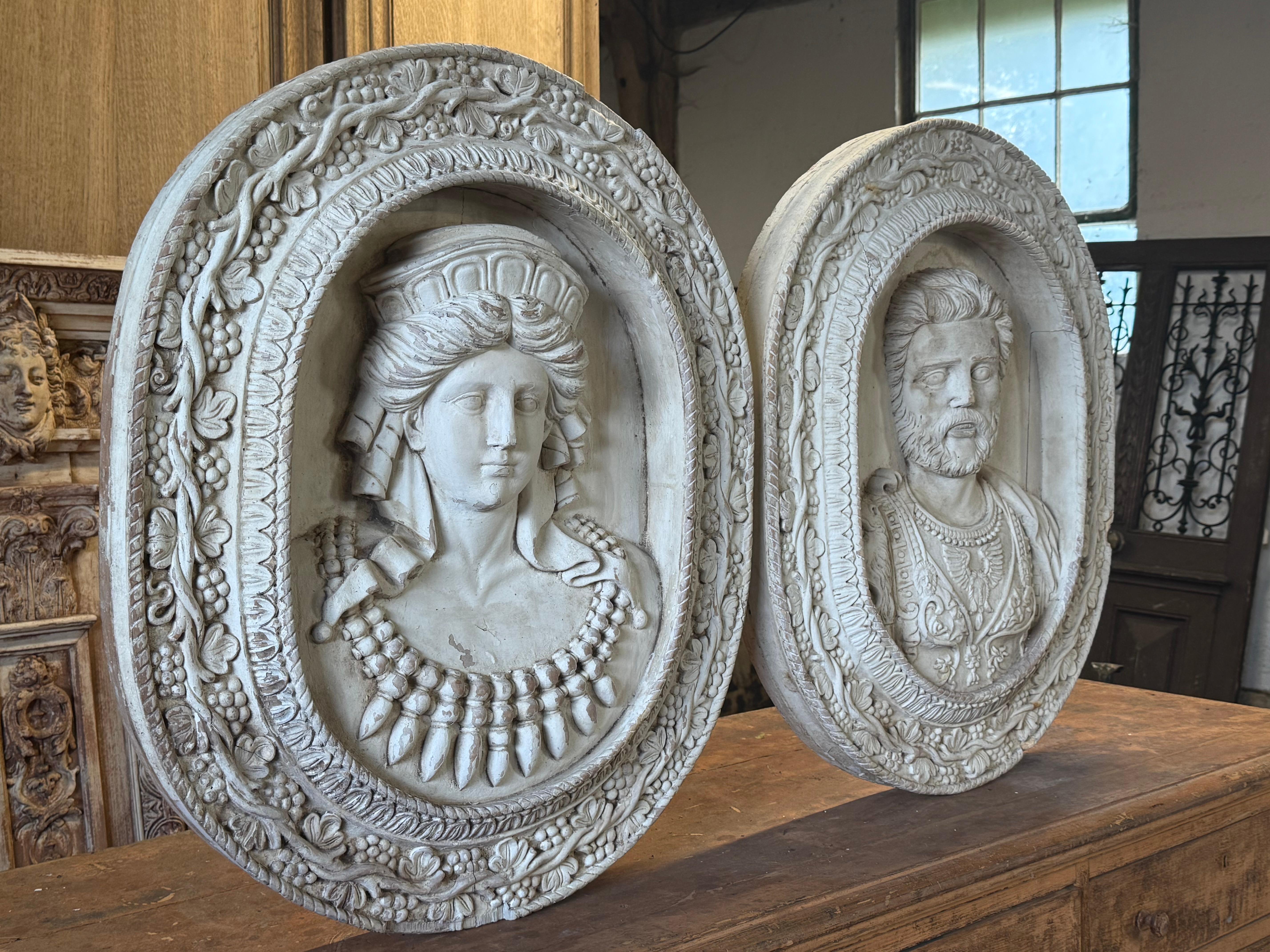 Hand-Carved Pair Of 19th Century Portrait Plaques For Sale