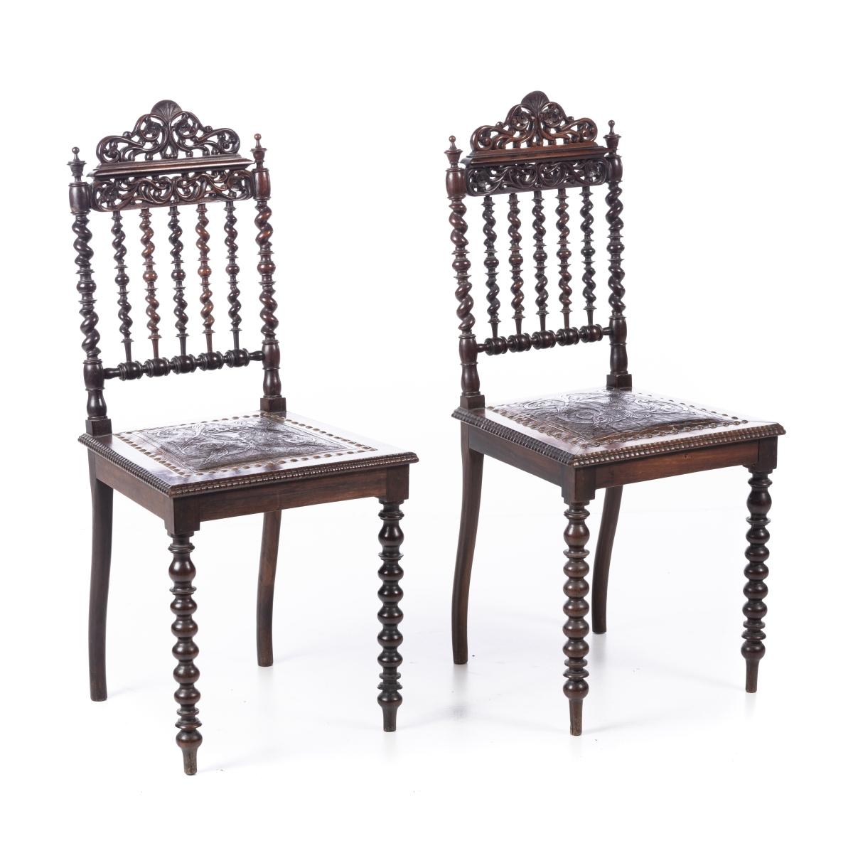 Hand-Crafted Pair of 19th Century Portuguese Chairs in Brazilian Rosewood