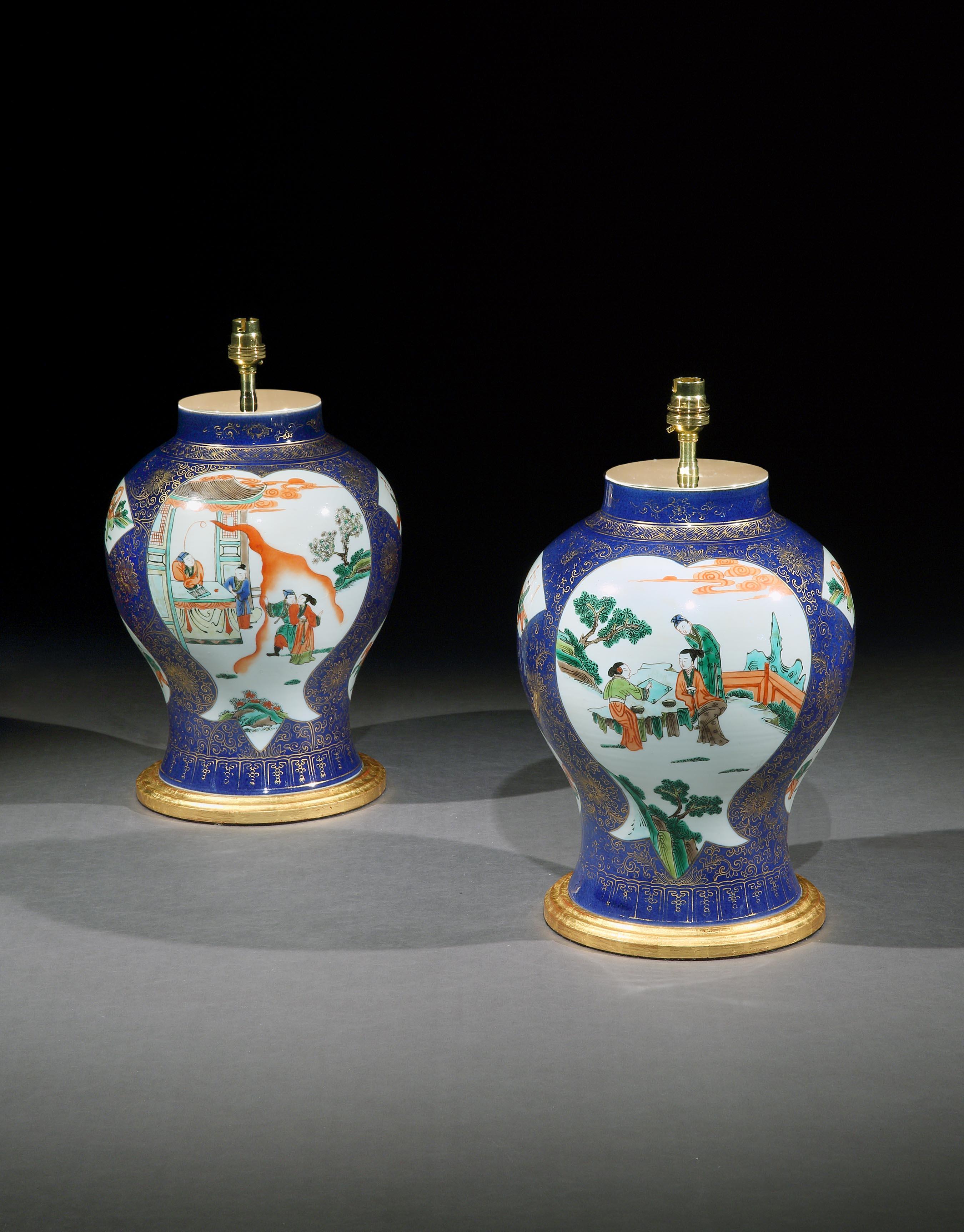 Chinoiserie Pair of 19th Century Powder Blue Famille Verte Vases Now Mounted as Lamps For Sale