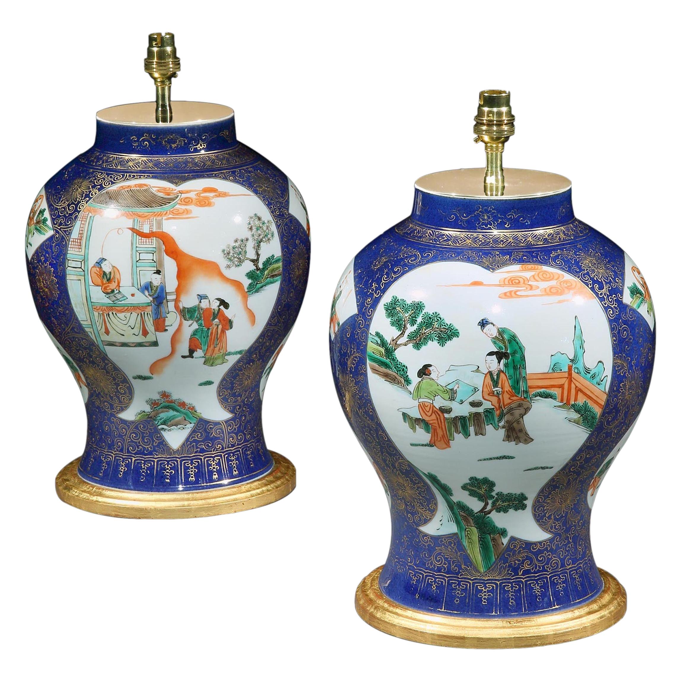 Pair of 19th Century Powder Blue Famille Verte Vases Now Mounted as Lamps