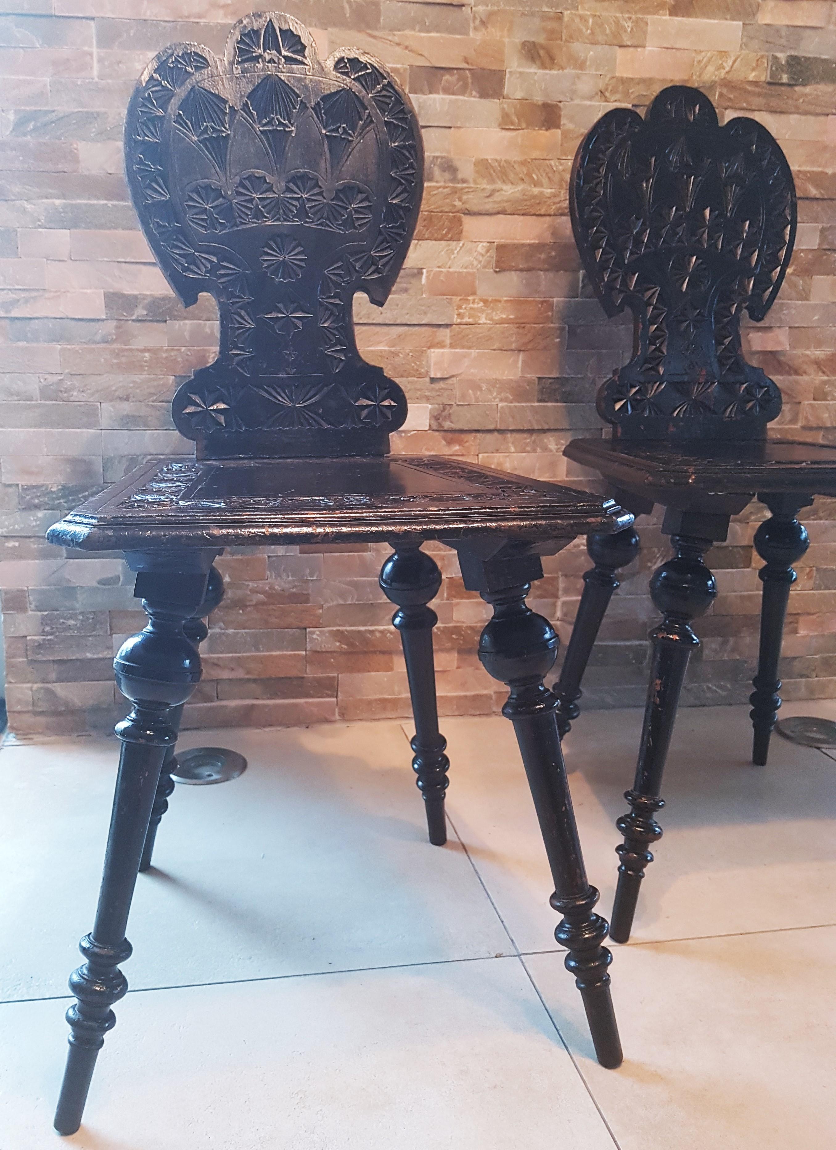 Late 19th Century Pair of 19th Century Primitive Rustic Minimal Carved Wood Board Chairs For Sale
