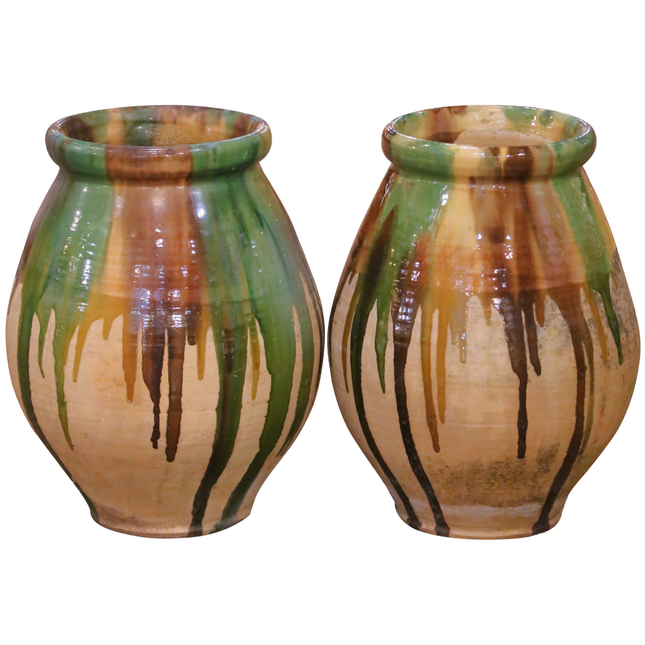 Pair of 19th Century Provençal Terracotta Glazed Olive Oil Jars
