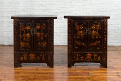 Pair of 19th Century Qing Dynasty Black Lacquered Cabinets with Chinoiseries