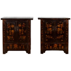 Pair of 19th Century Qing Dynasty Black Lacquered Cabinets with Chinoiseries