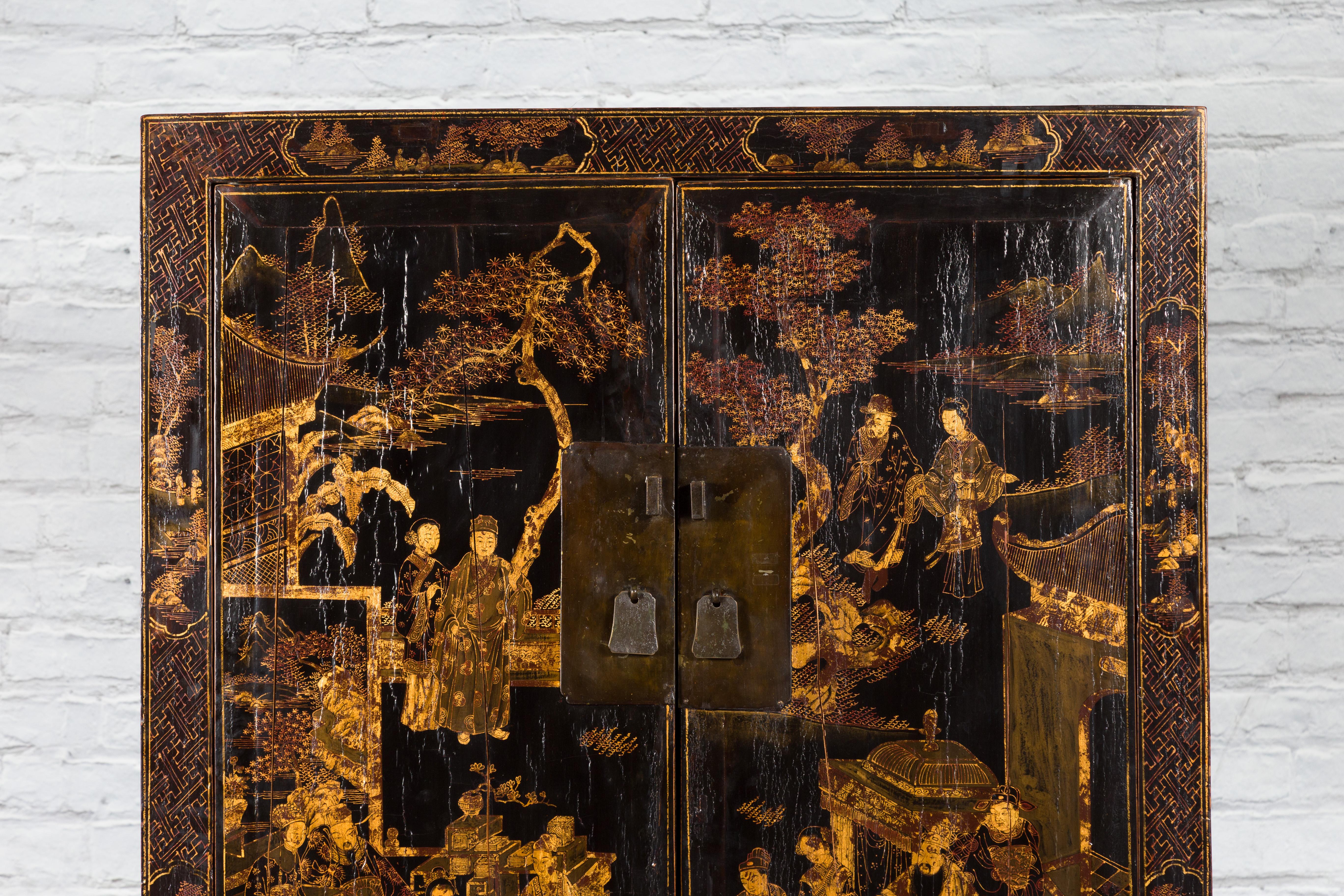 Pair of 19th Century Qing Dynasty Chinese Black and Gold Chinoiserie Cabinets 1