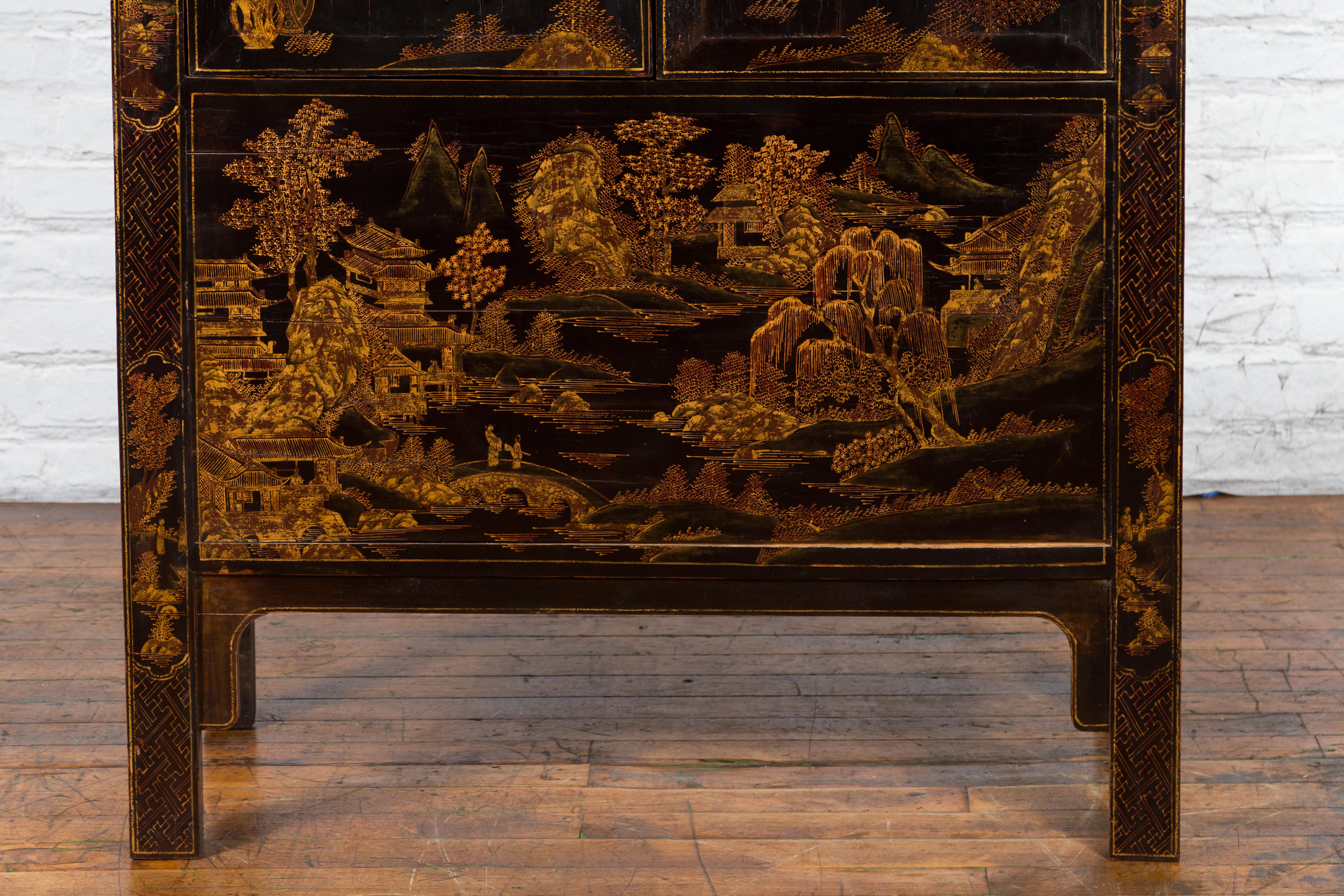 Pair of 19th Century Qing Dynasty Chinese Black and Gold Chinoiserie Cabinets 3
