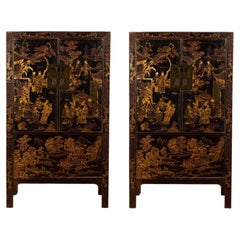 Pair of 19th Century Qing Dynasty Chinese Black and Gold Chinoiserie Cabinets