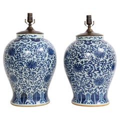 Pair of 19th Century Qing Dynasty Chinese Blue and White Vases Turned to Lamps