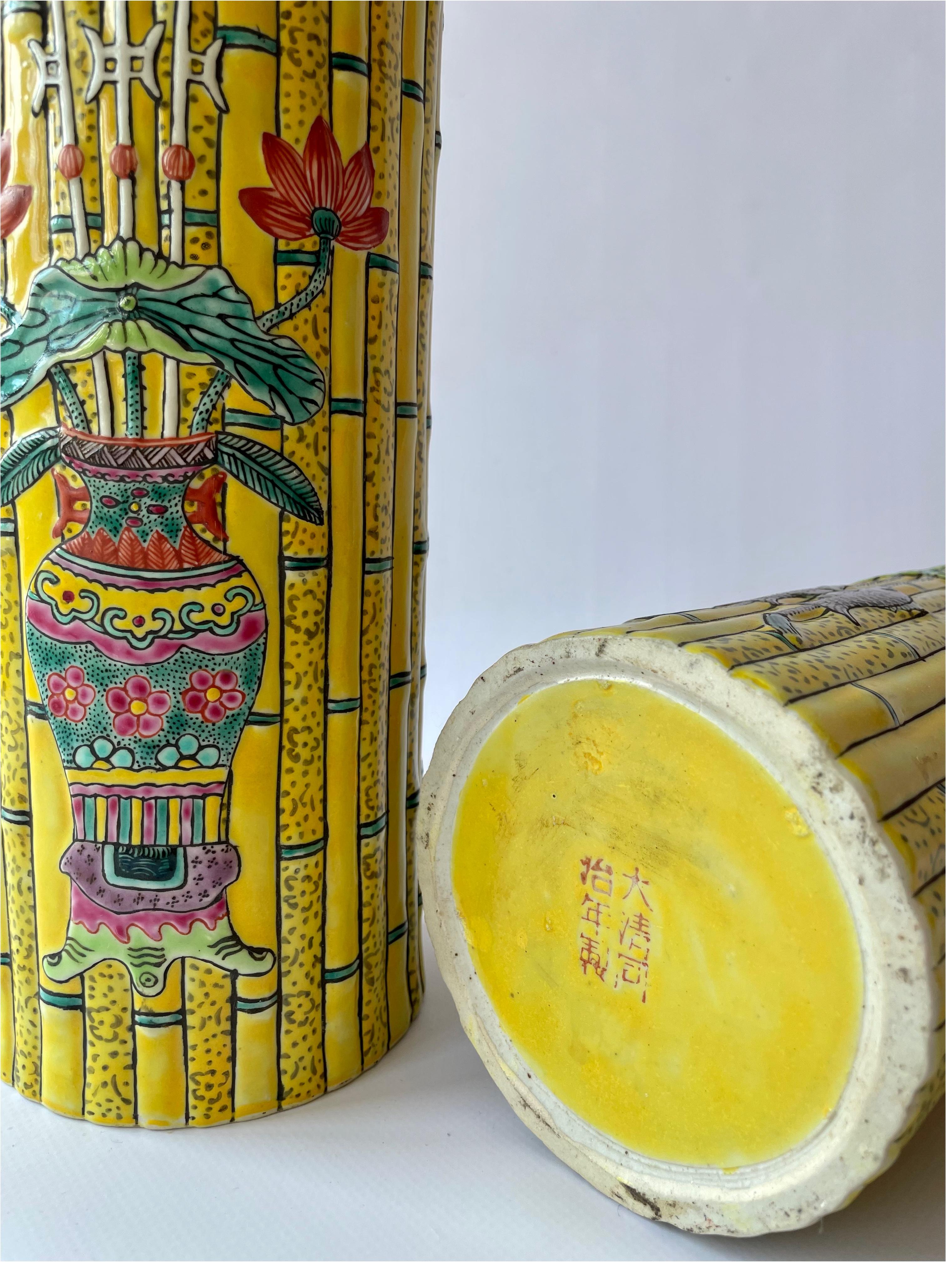 Porcelain Pair of 19th Century Qing Dynasty Faux Bamboo Chinese Vases For Sale