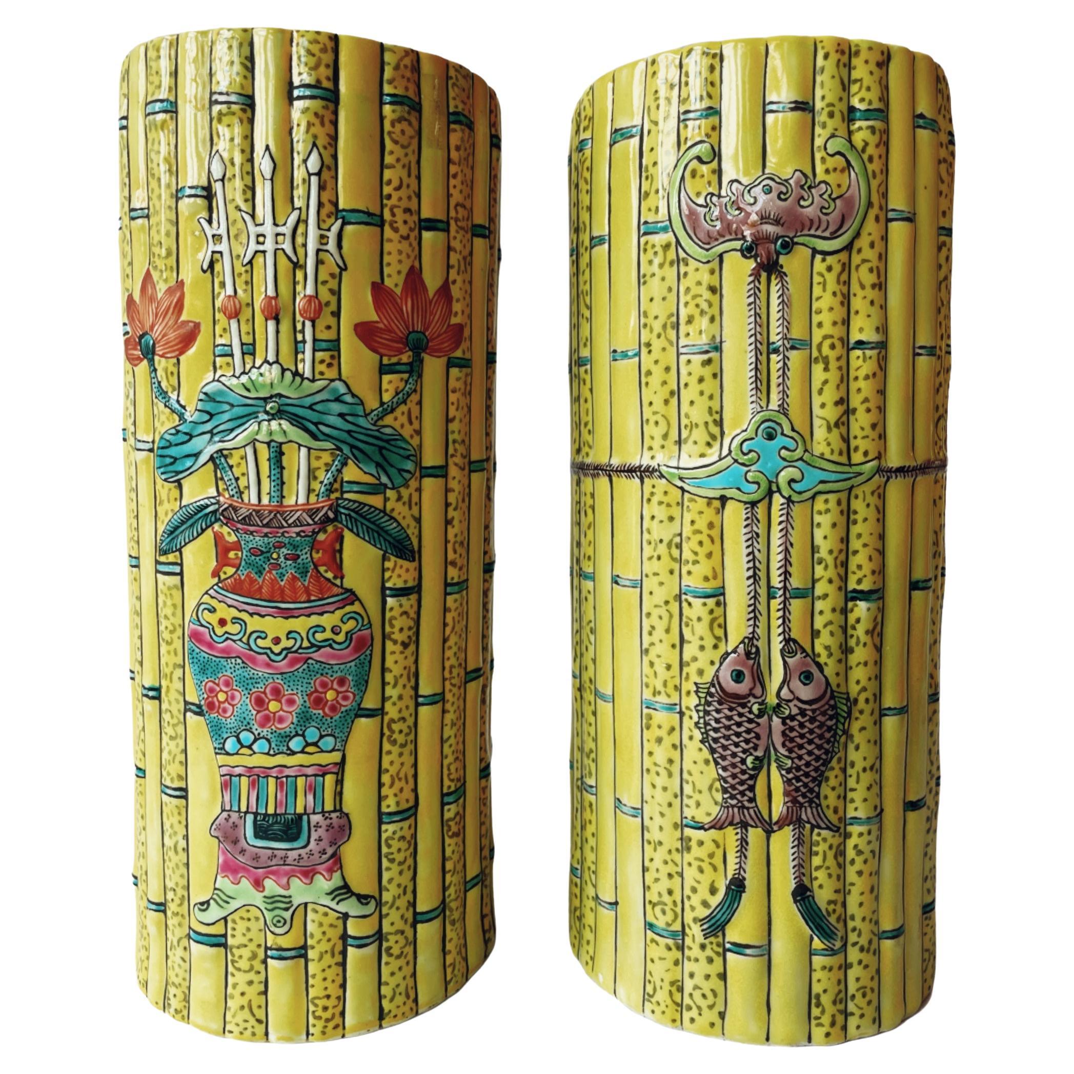 Paire de vases chinois en faux bambou de la dynastie Qing du 19e siècle en vente