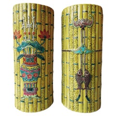 Antique Pair of 19th Century Qing Dynasty Faux Bamboo Chinese Vases