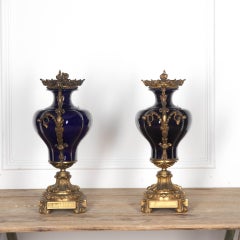 Pair of 19th Century Quality Blue Ceramic and Ormolu Vases