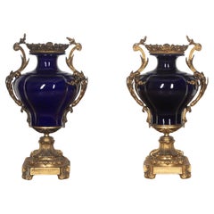 Pair of 19th Century Quality Blue Ceramic and Ormolu Vases