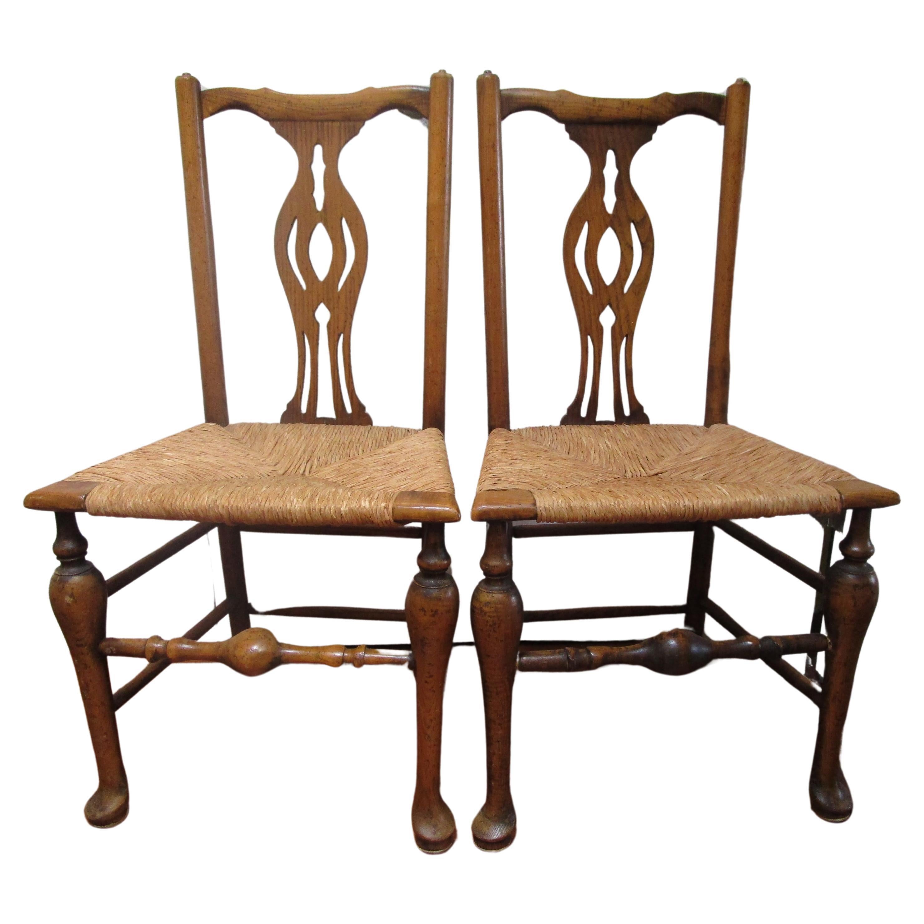 Pair of 19th Century Queen Anne Style Chippendale Rush Seat Side Chairs For Sale