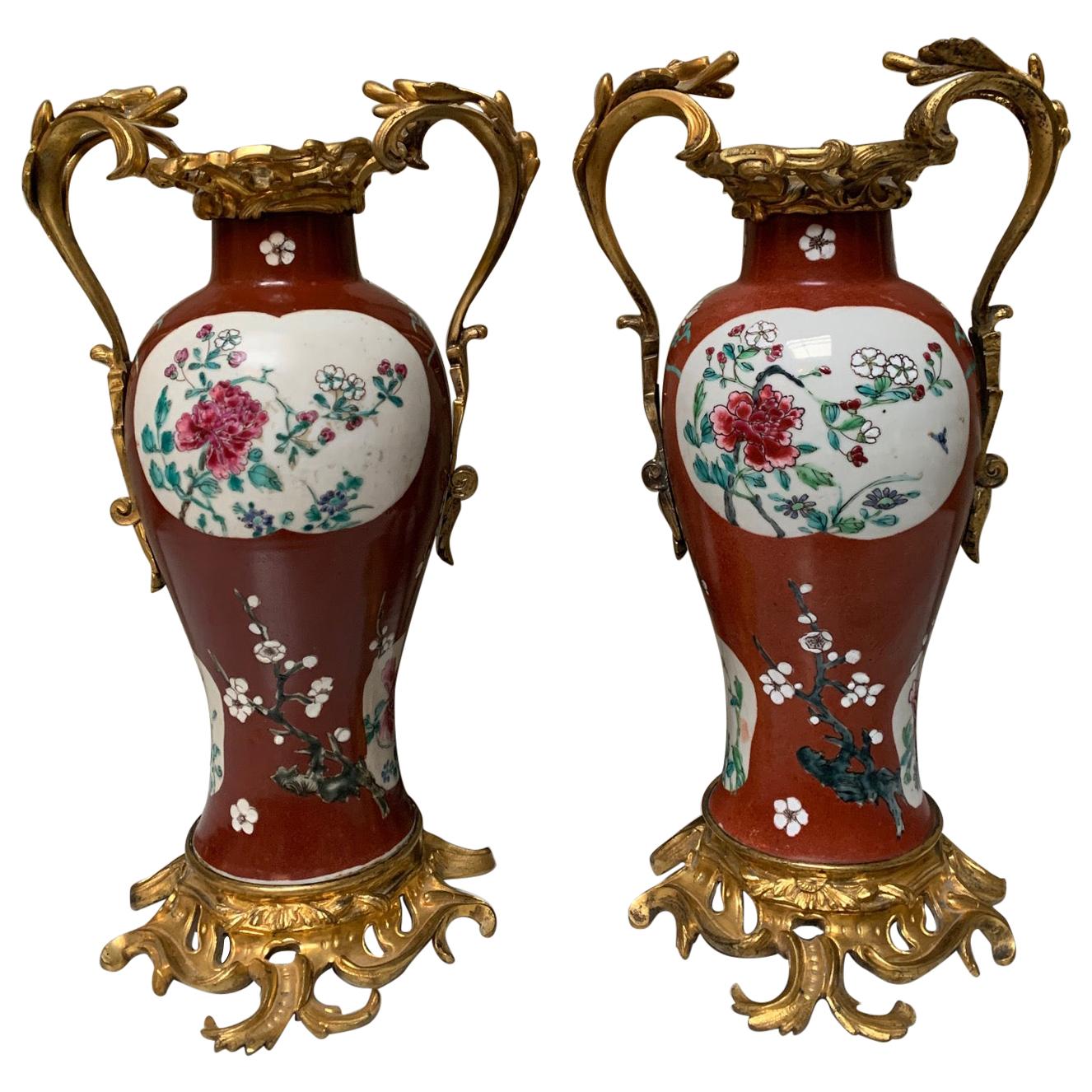 Pair of 19th Century Red Chinese Porcelain Vases with French Bronze Mounts