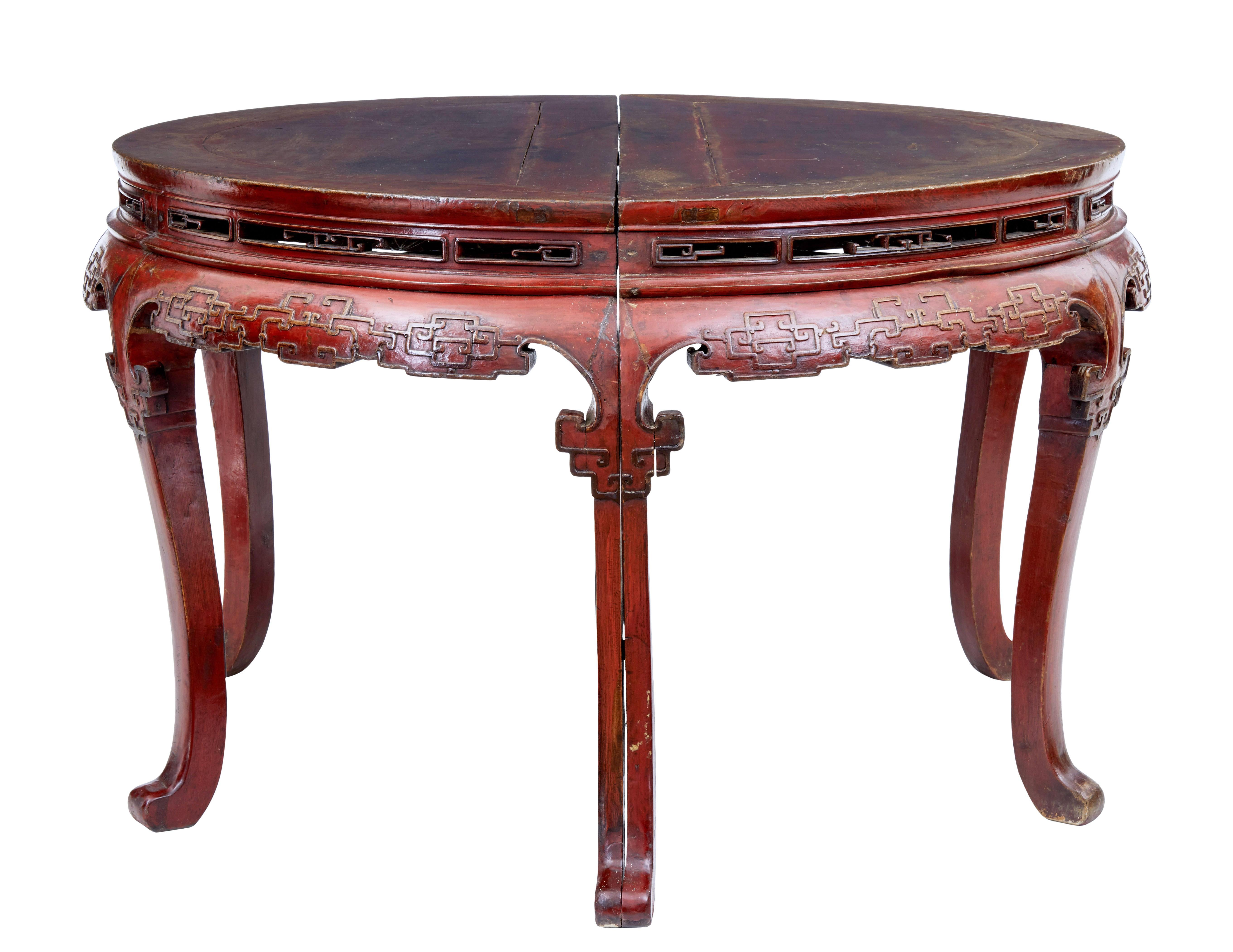 Qing Pair of 19th Century Red Lacquer Chinese Demilune Tables