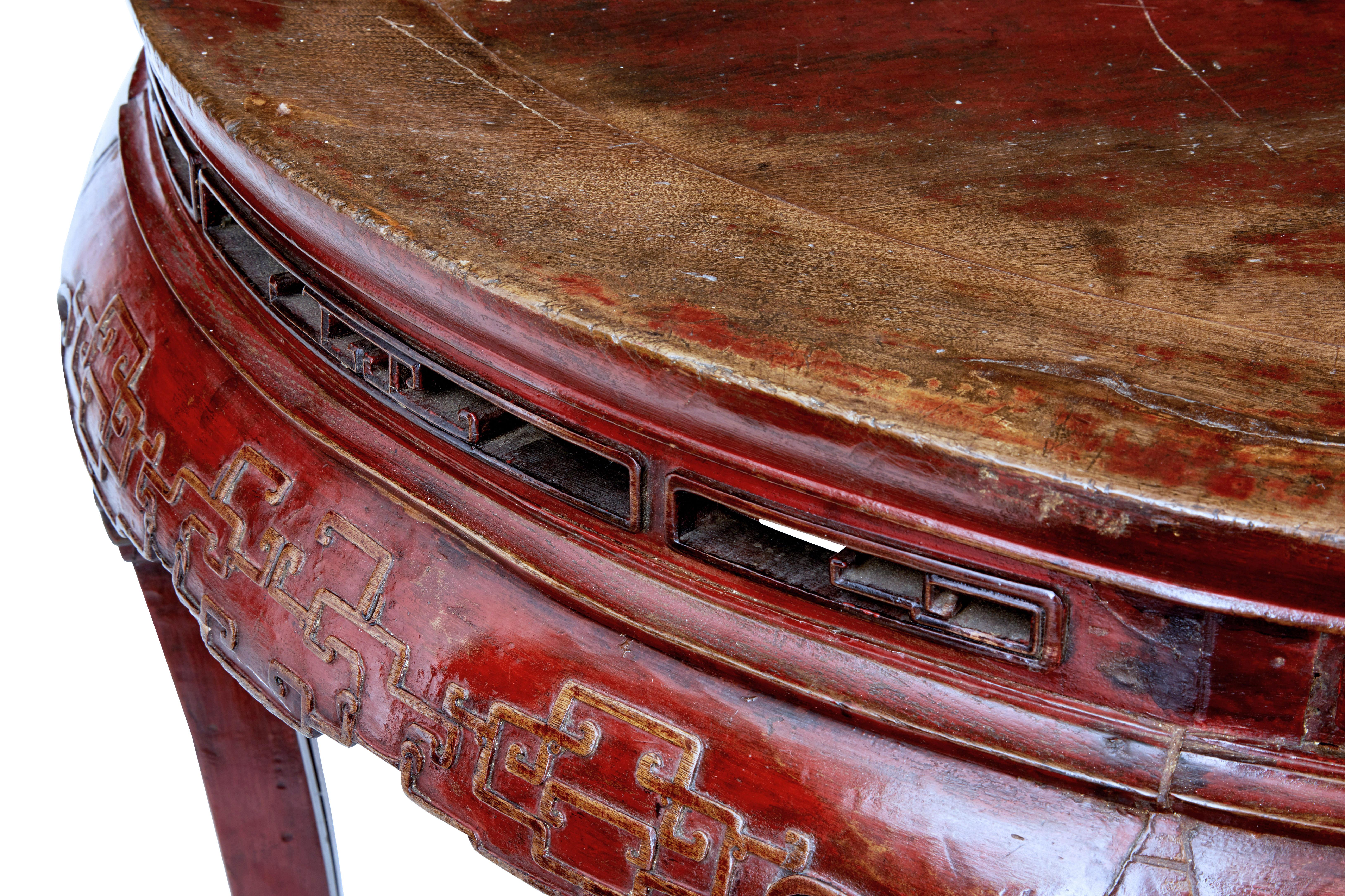 Carved Pair of 19th Century Red Lacquer Chinese Demilune Tables
