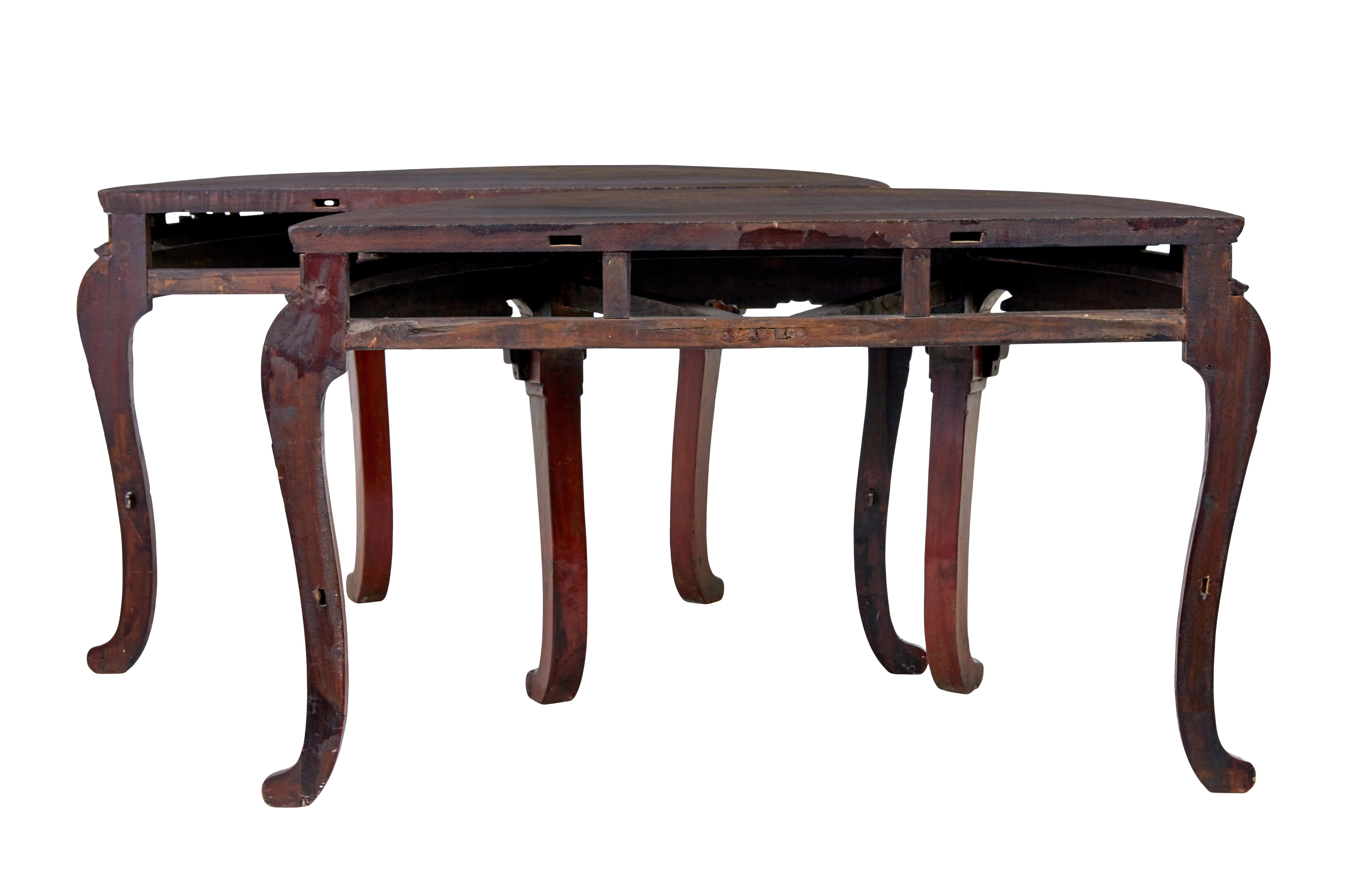 Carved Pair of 19th century red lacquer Chinese demi lune tables For Sale