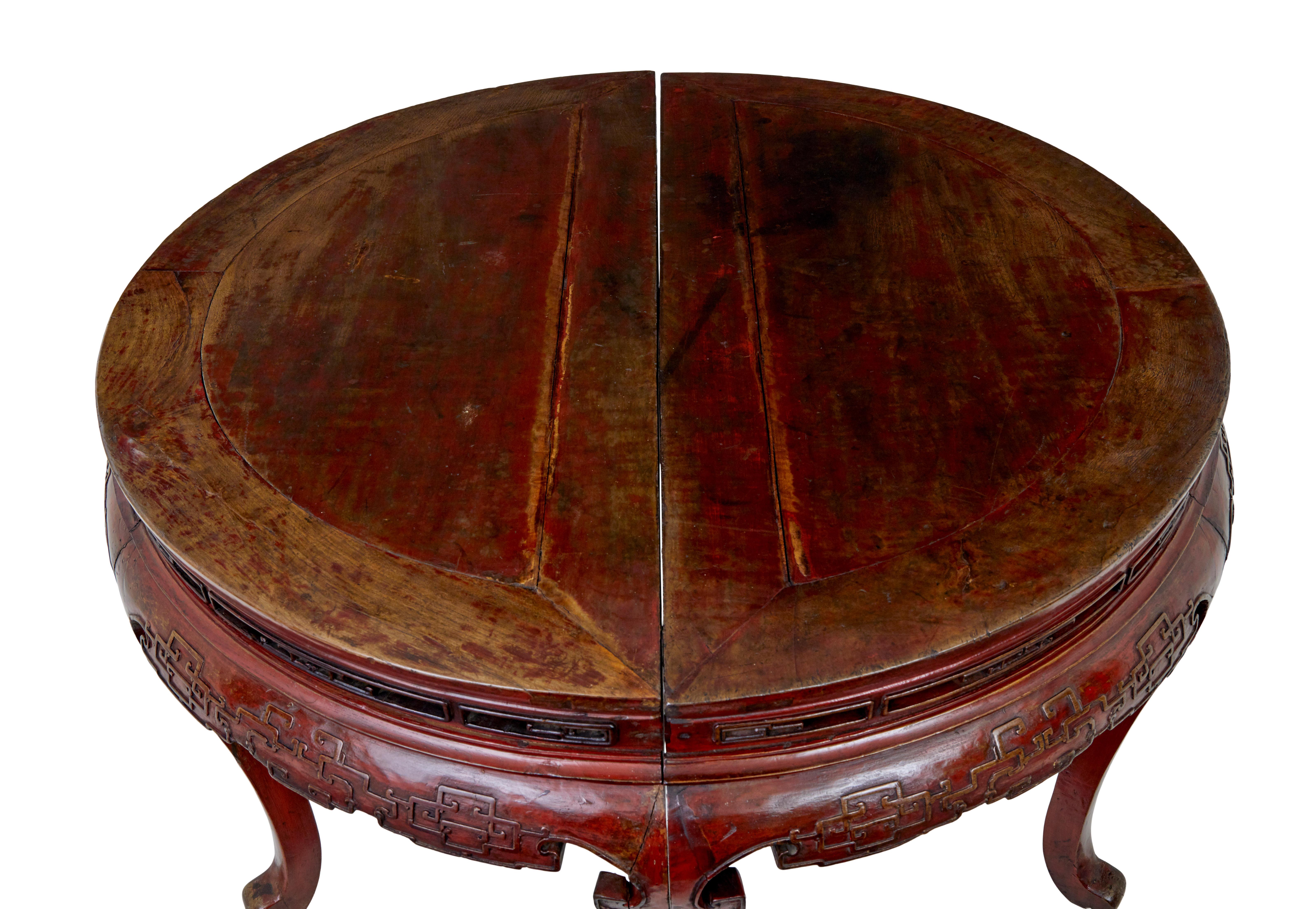 Pair of 19th century red lacquer Chinese demi lune tables In Good Condition For Sale In Debenham, Suffolk
