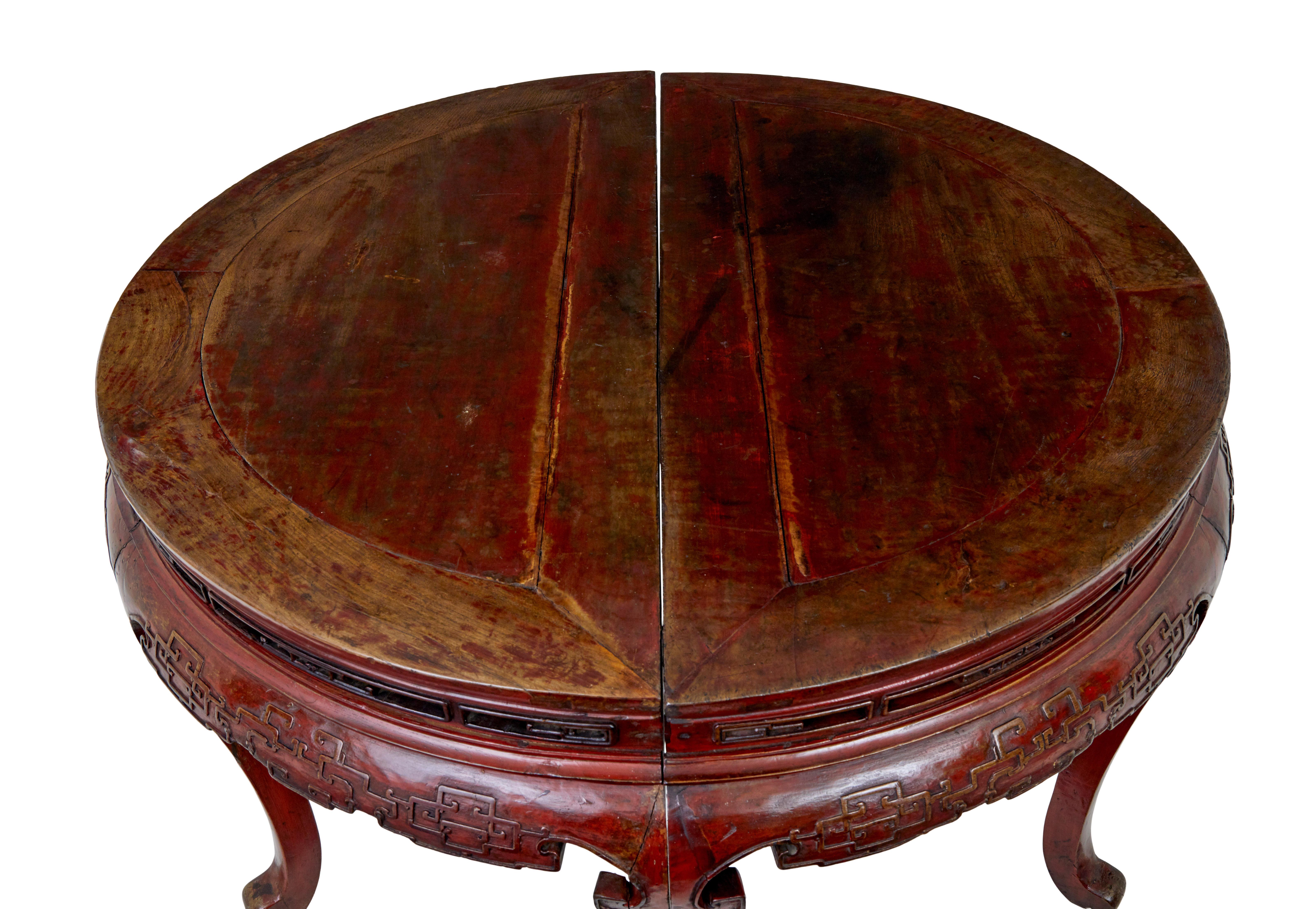 Pair of 19th century red lacquer Chinese demi lune tables In Good Condition For Sale In Debenham, Suffolk