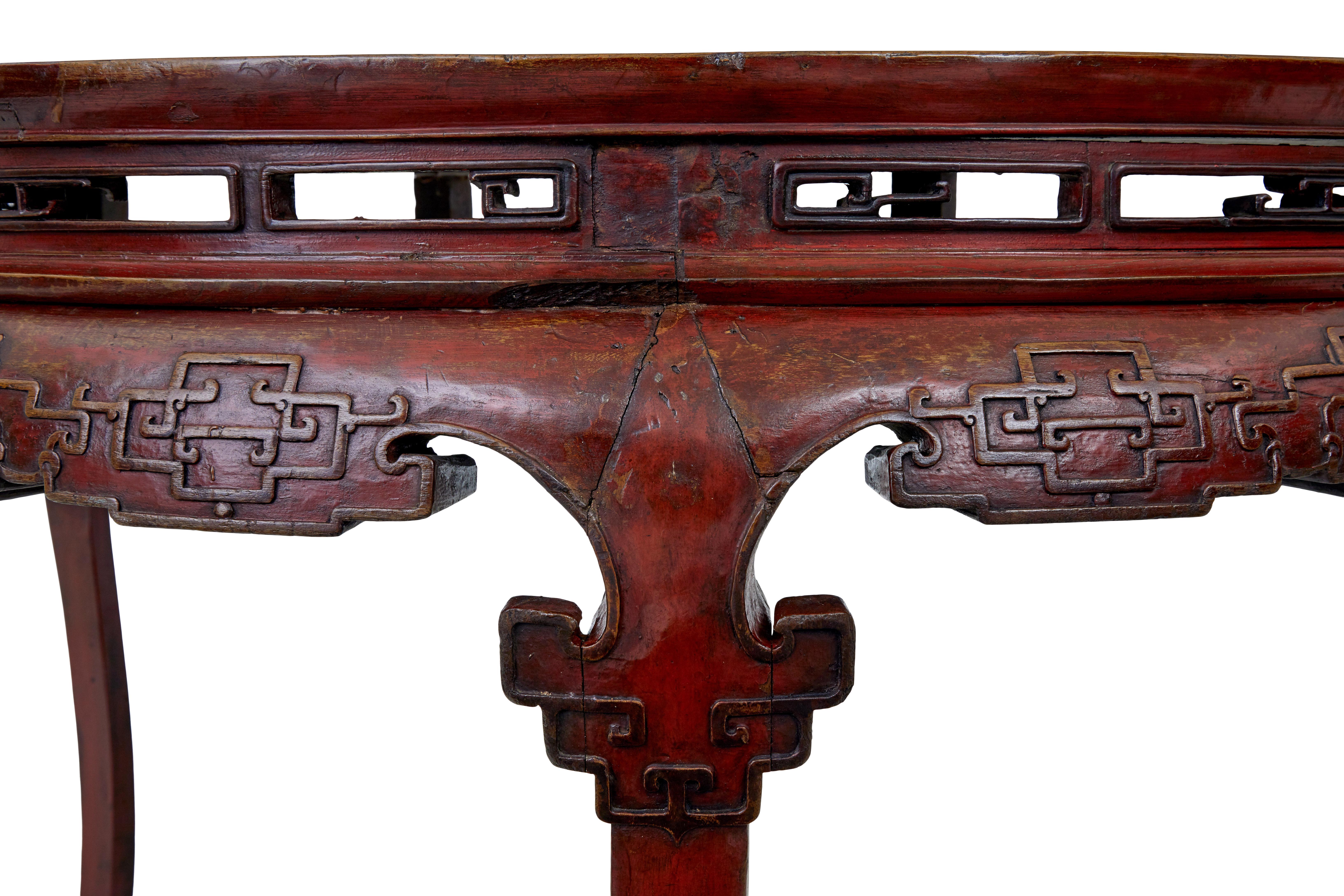 Pair of 19th century red lacquer Chinese demi lune tables For Sale 1