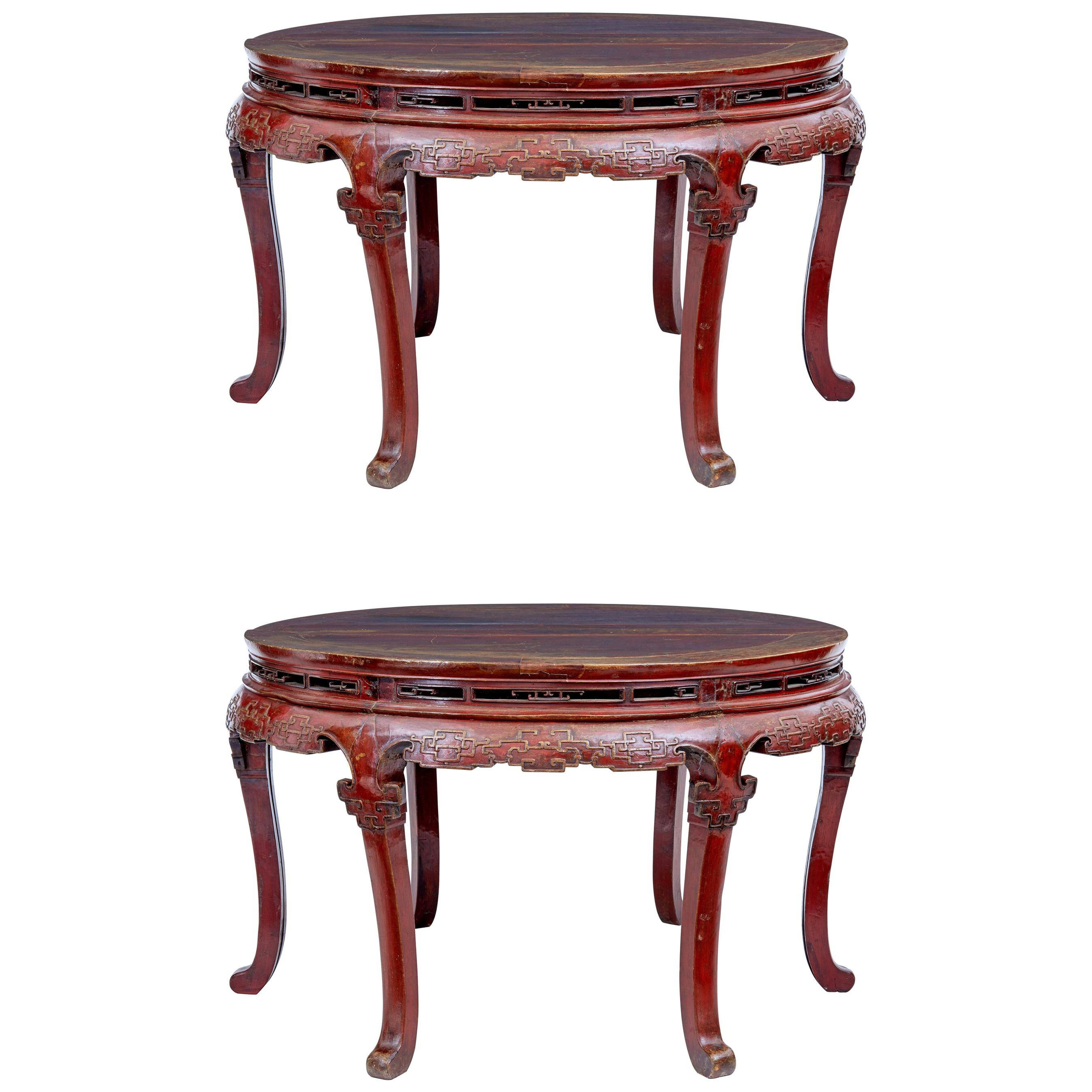 Pair of 19th Century Red Lacquer Chinese Demilune Tables